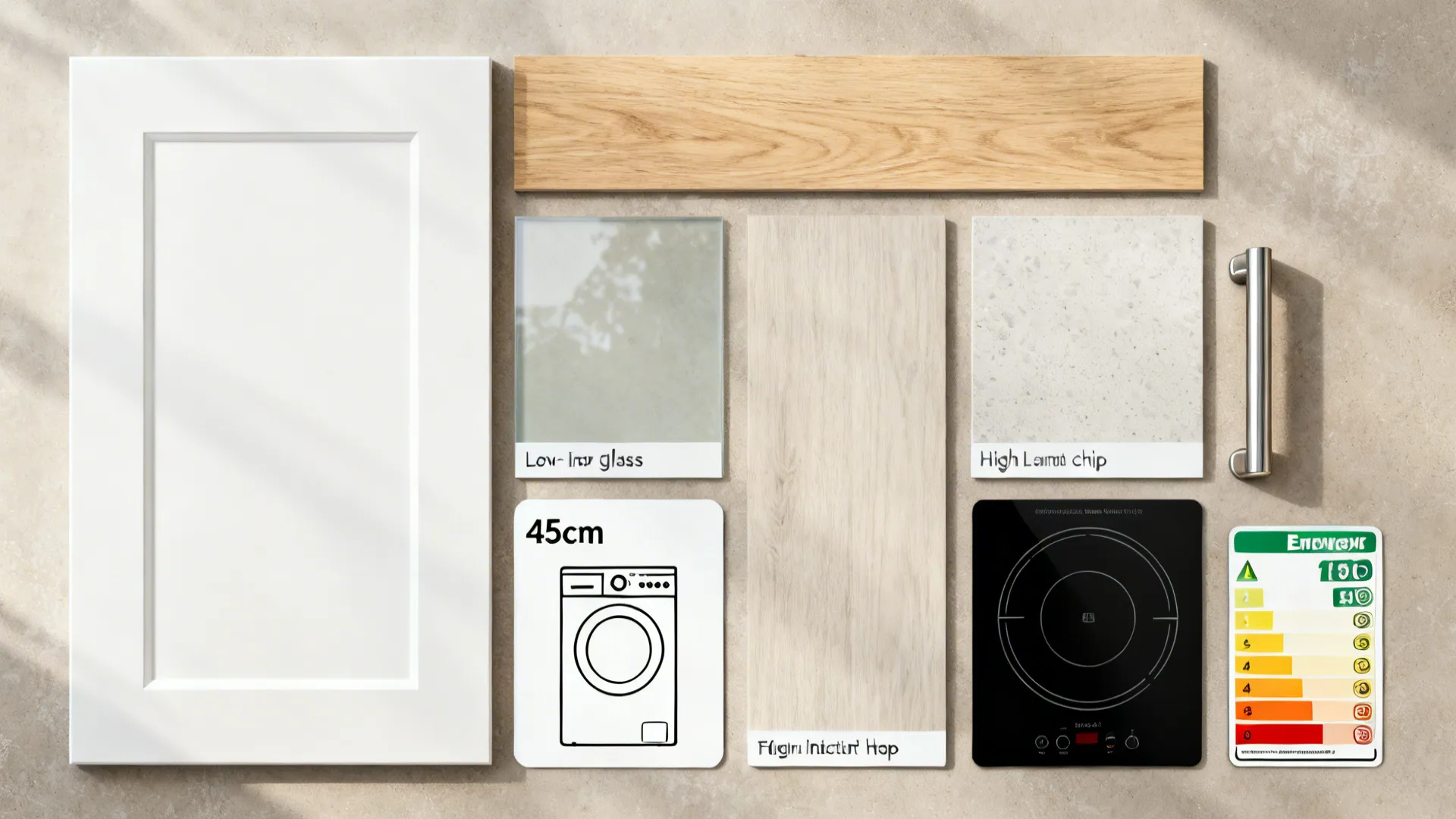 Flat lay of white cabinet, oak veneer, glass swatch, quartz chip, and compact appliance plan.