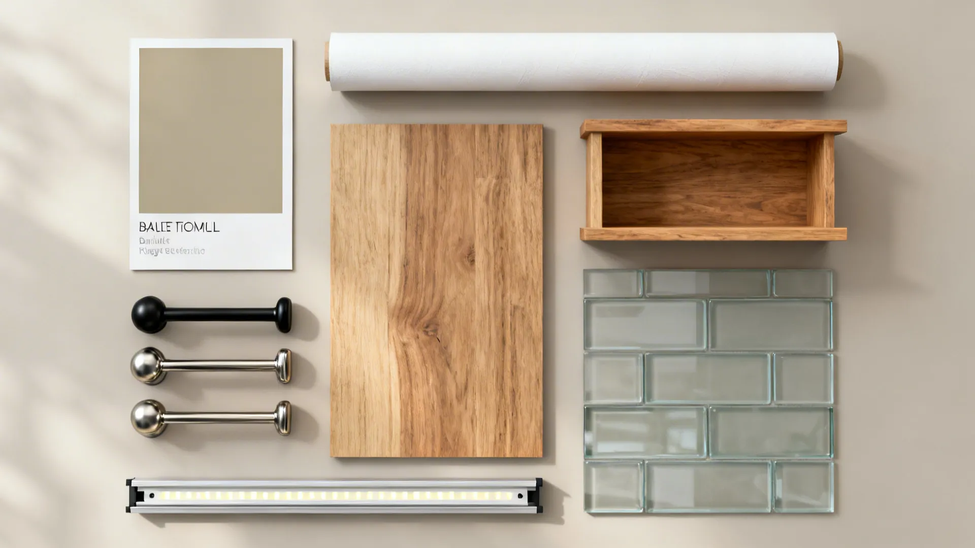 Flatlay of greige paint, mixed hardware, matte white wrap, oak sample, glass, and LED channel.