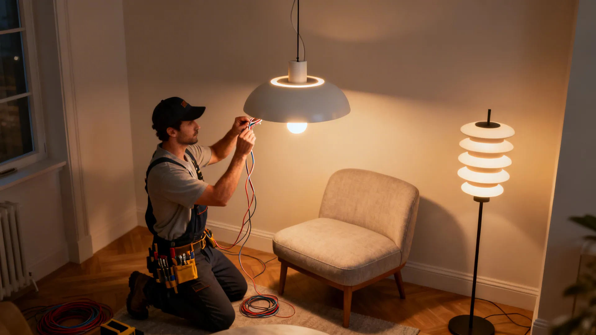Affordable pendant light installed above a cozy seating area with warm glow.
