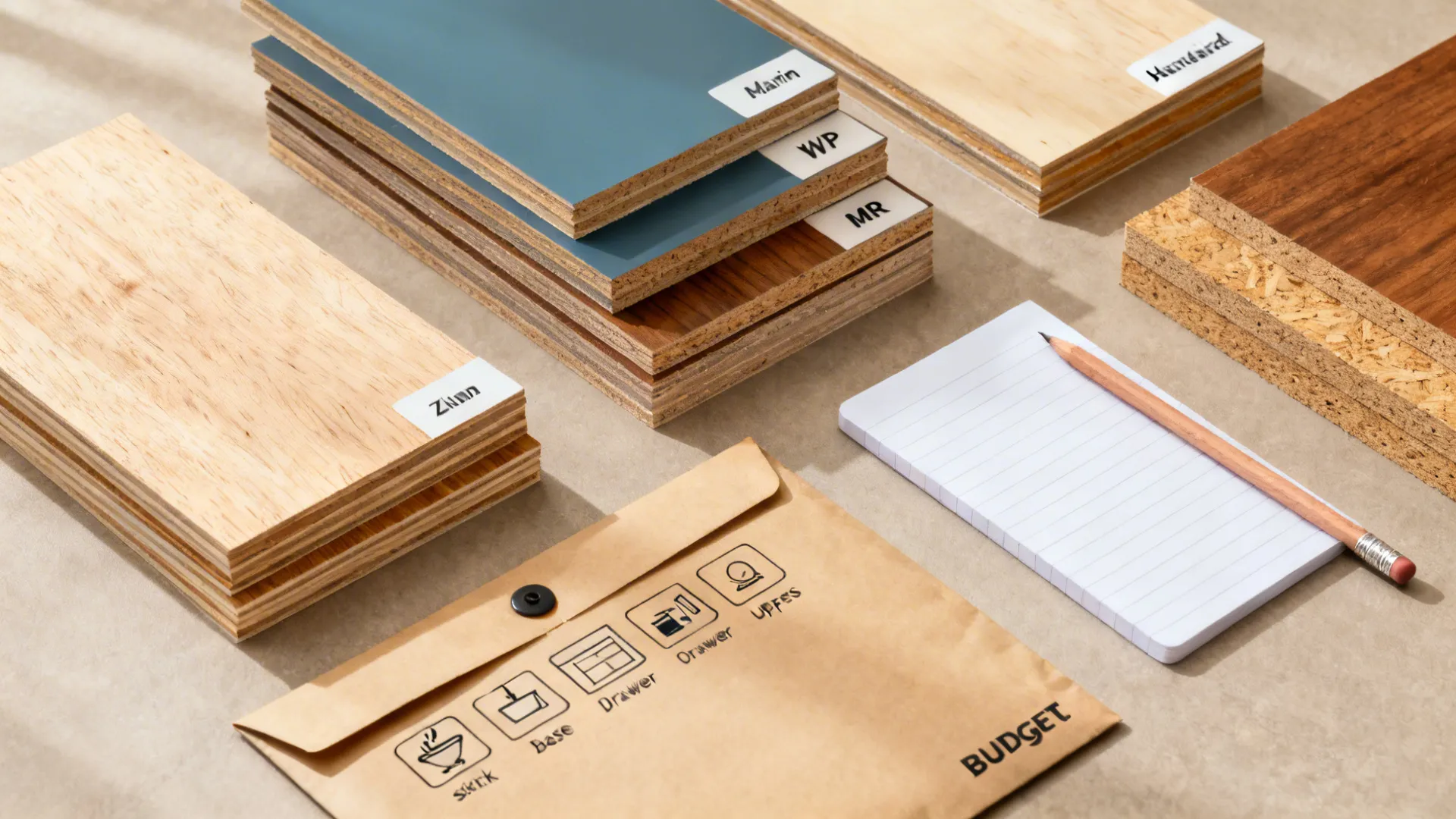Wooden material samples with labels beside a paper notepad pencil and a brown budget planning envelope