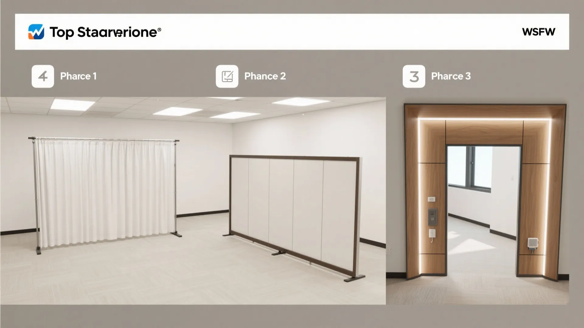 Three part interior design drawing showing white curtain room divider and wooden door frame light
