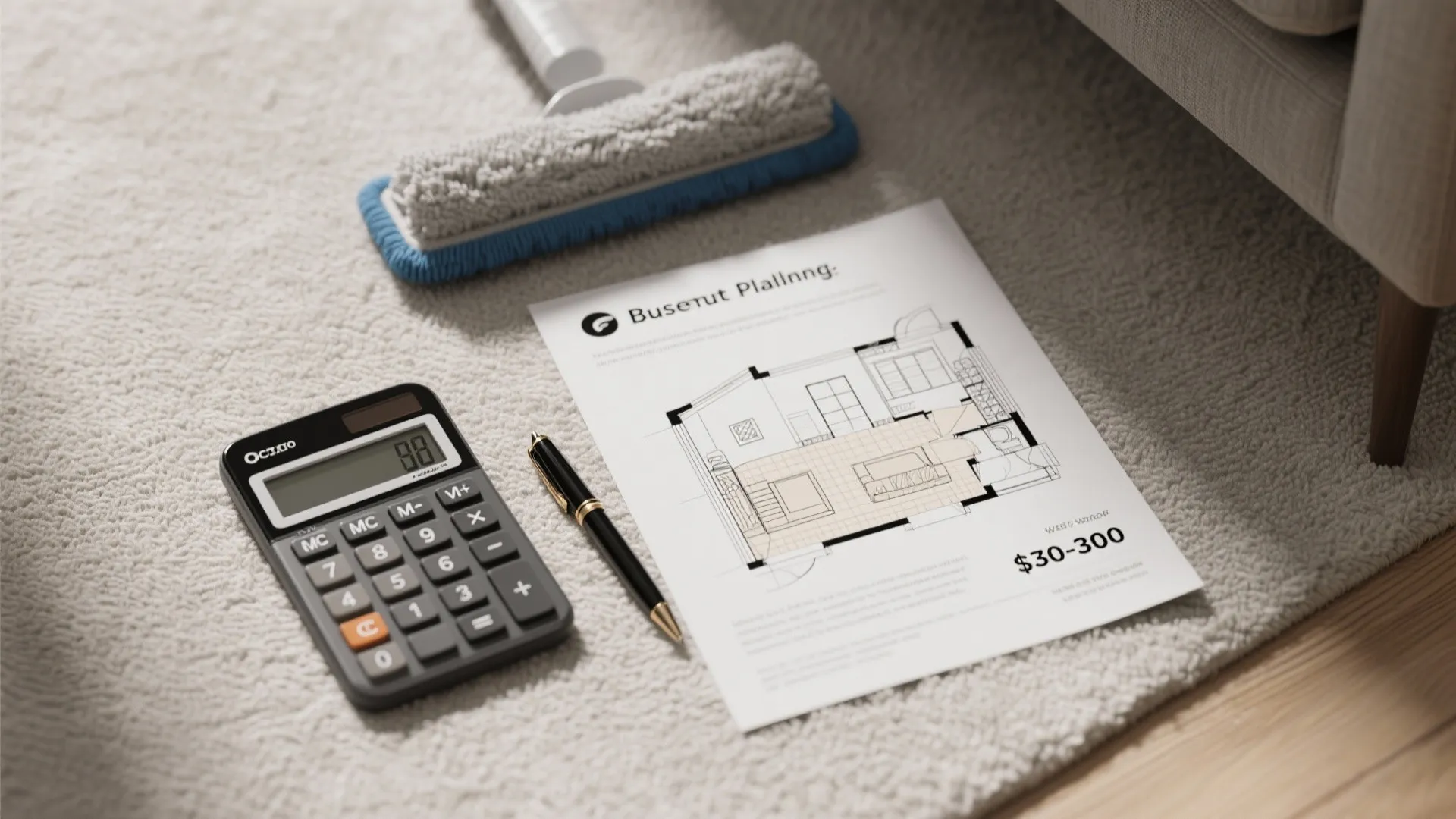 Flatlay of calculator, price ranges, and floorplan sketch for budgeting carpet cleaning.