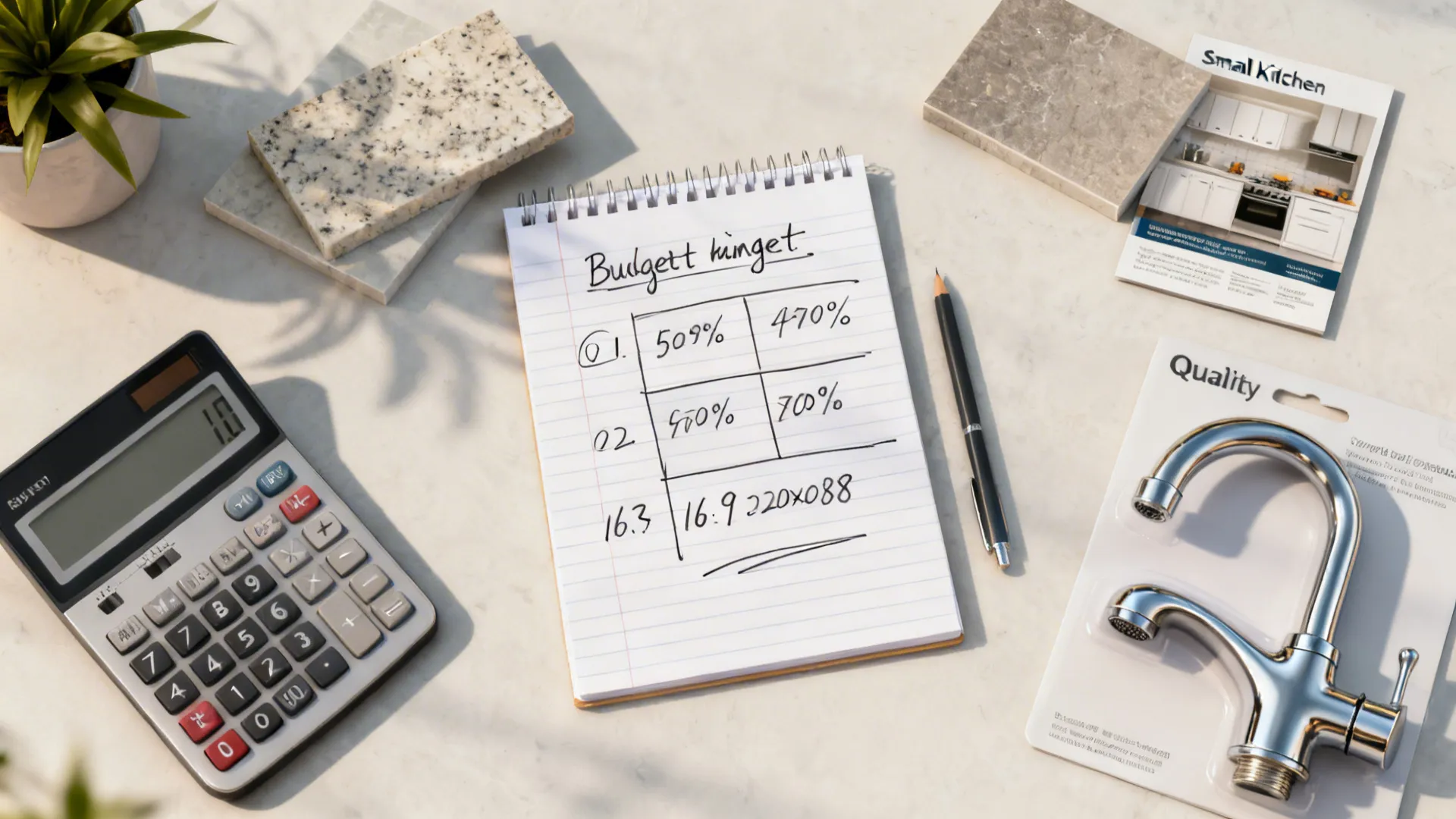 Flatlay showing budget planning tools and material samples for a small kitchen refresh