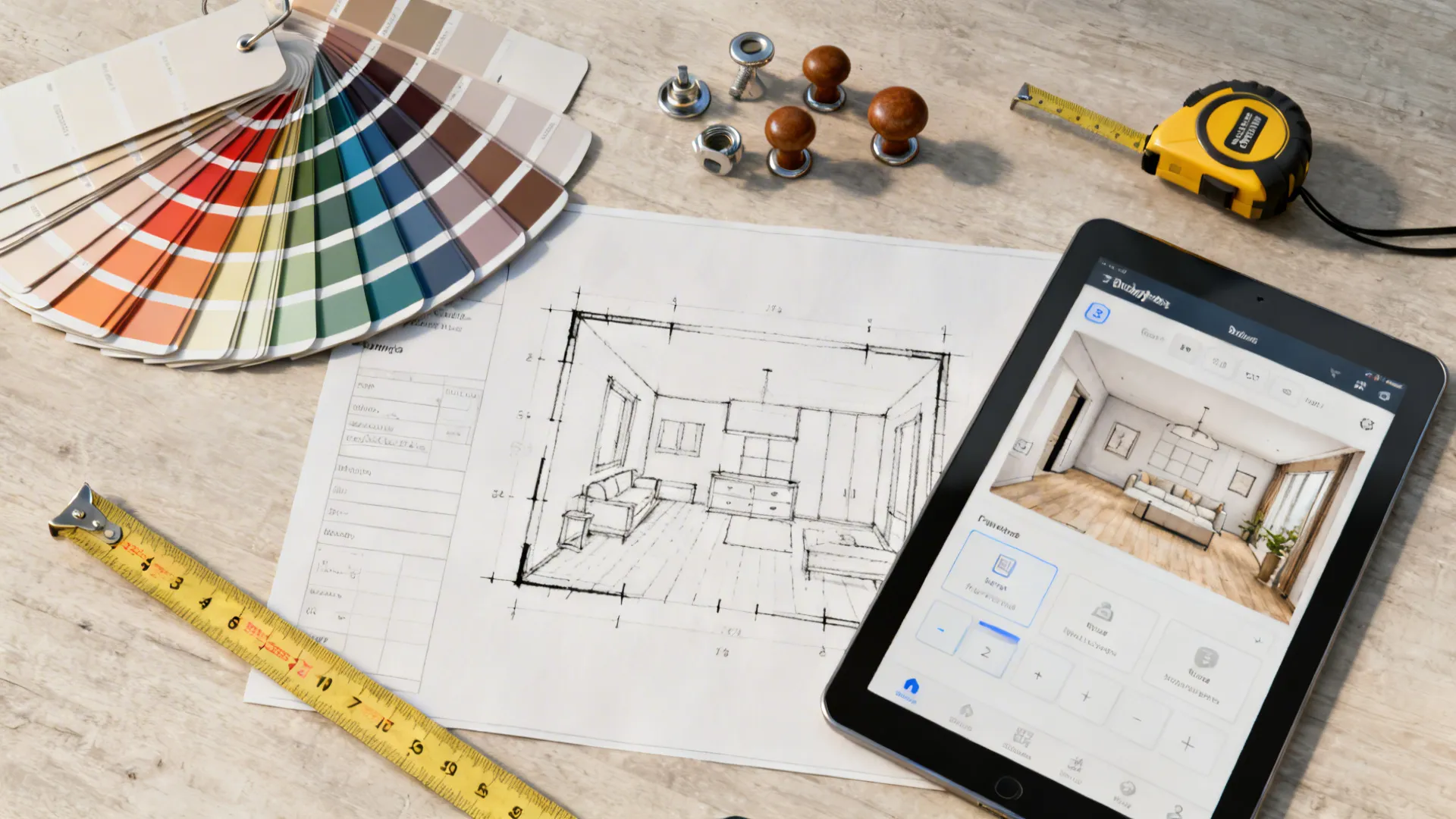 Flatlay of paint swatches, hardware samples, tape measure and a room sketch for budgeting.