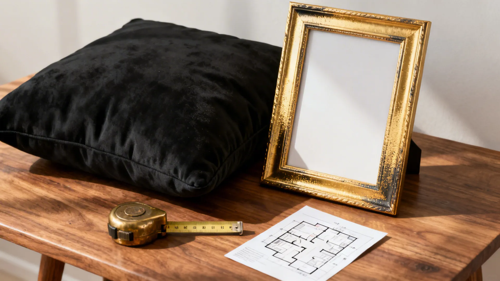Still-life of a black cushion, gold frame, and floorplan tools illustrating budget and planning tips.