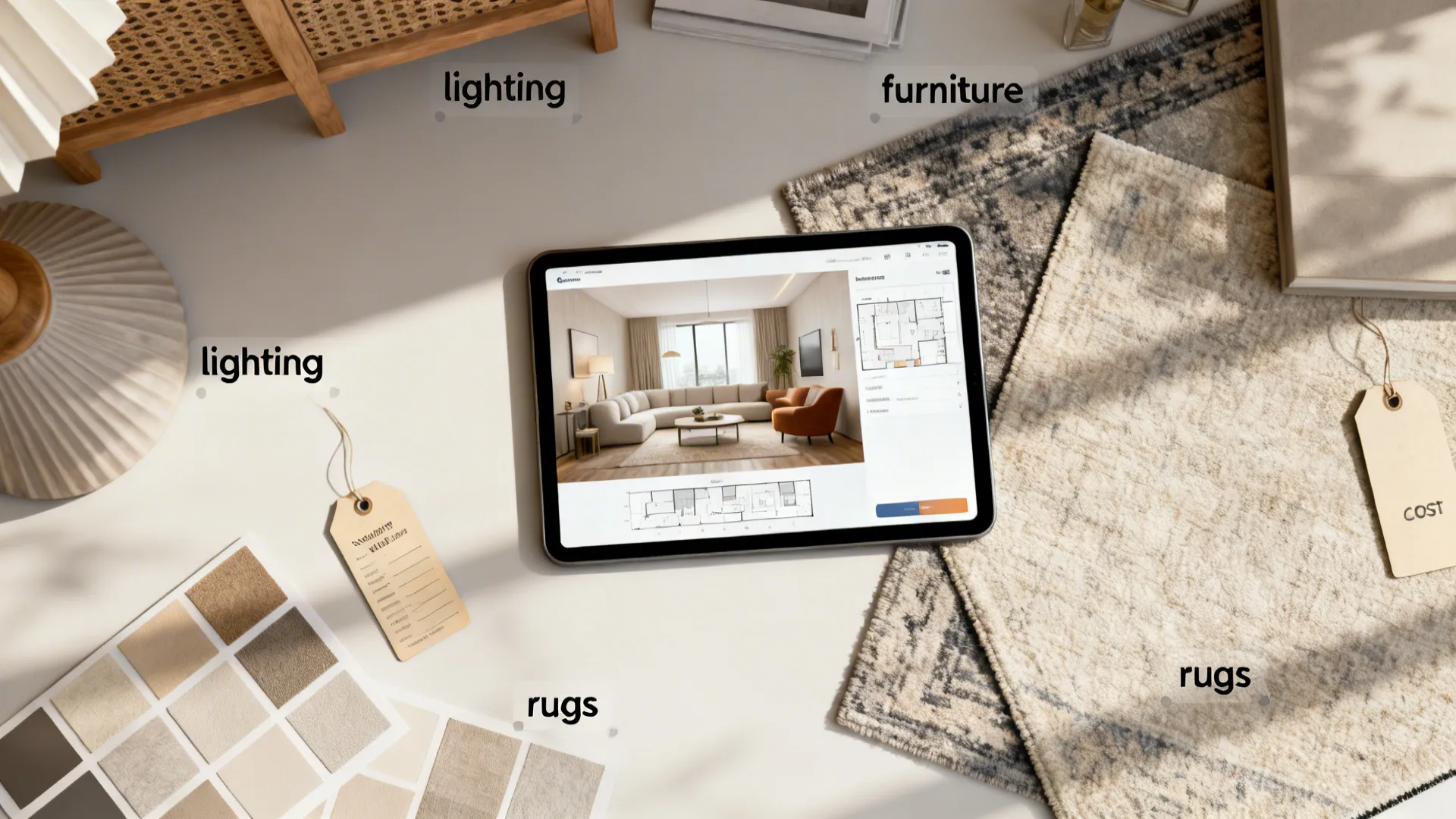 Top-down scene of a room-planning workflow with samples and a tablet showing a floorplan.