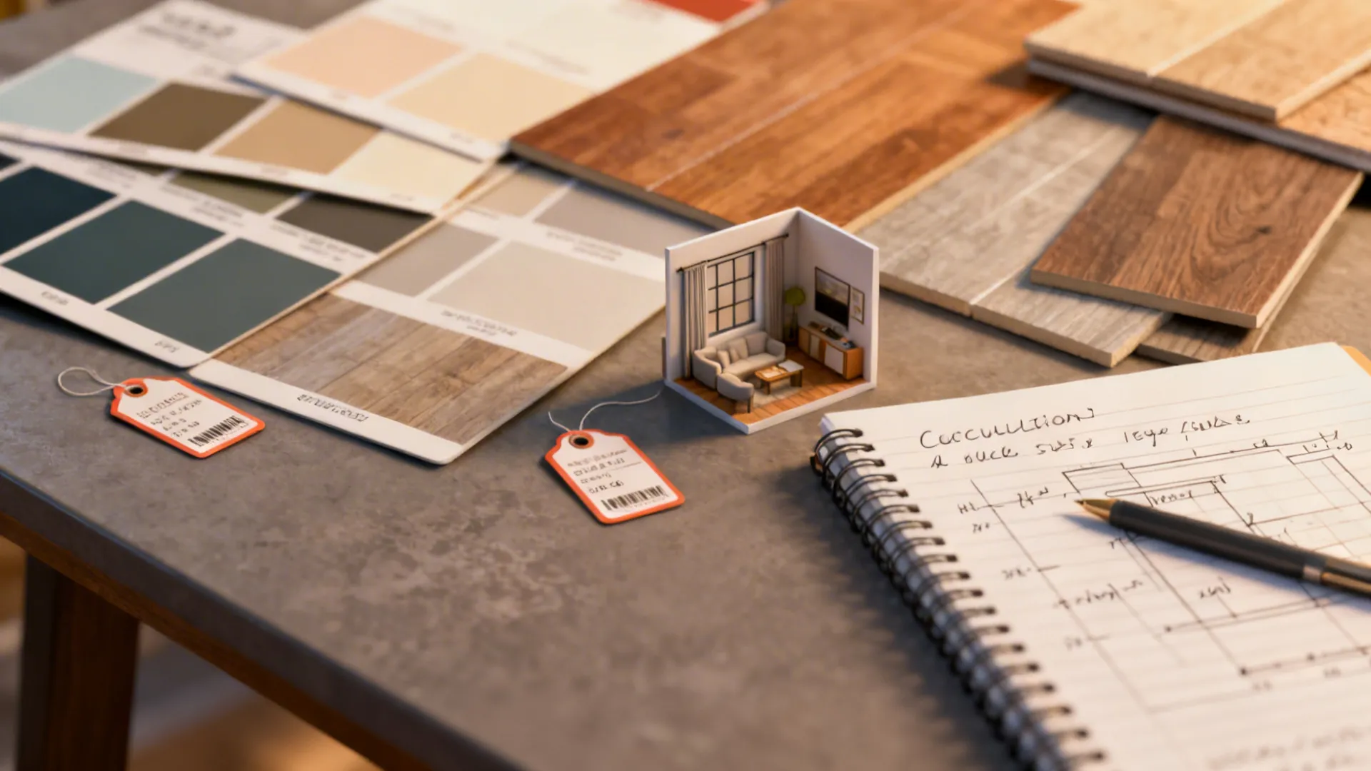 Paint and flooring samples with notes and measurements illustrating budget and planning considerations