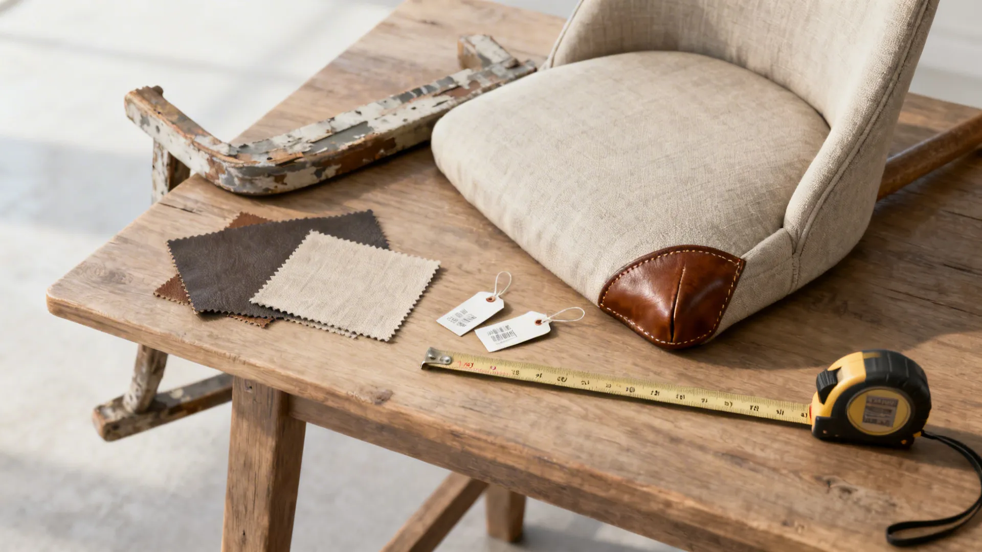 Still-life showing slipcover and leather samples, price tags and a tape measure to suggest budgeting choices for farmhouse chairs.