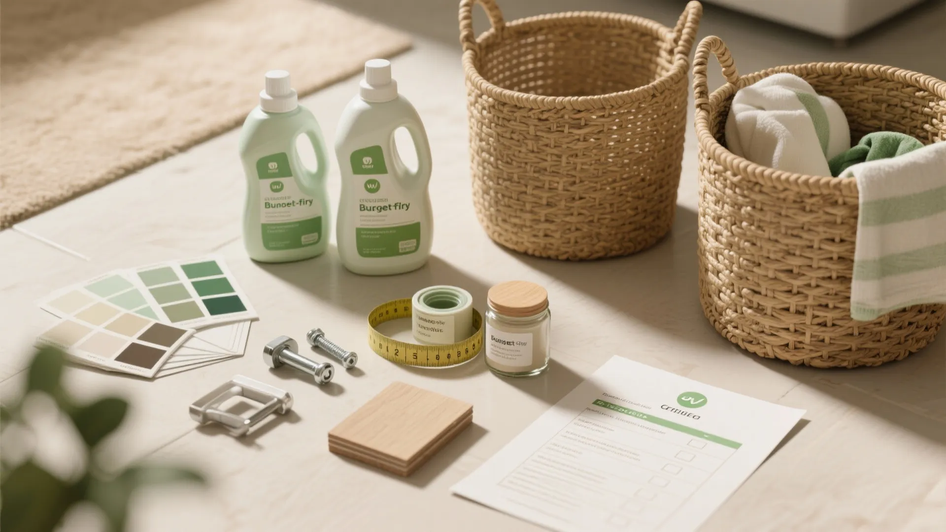 Laundry supplies with green detergent bottles woven baskets color swatches measuring tape and a paper checklist