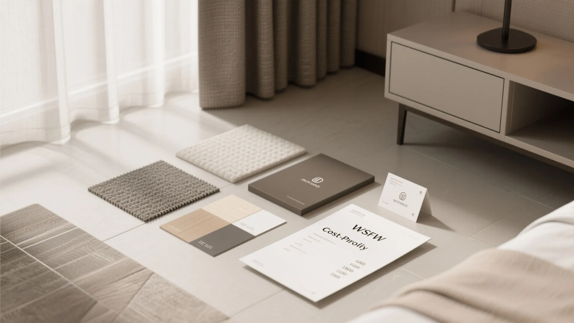 Flatlay of durable finish samples and acoustic fabrics prioritized for hotel suite design.