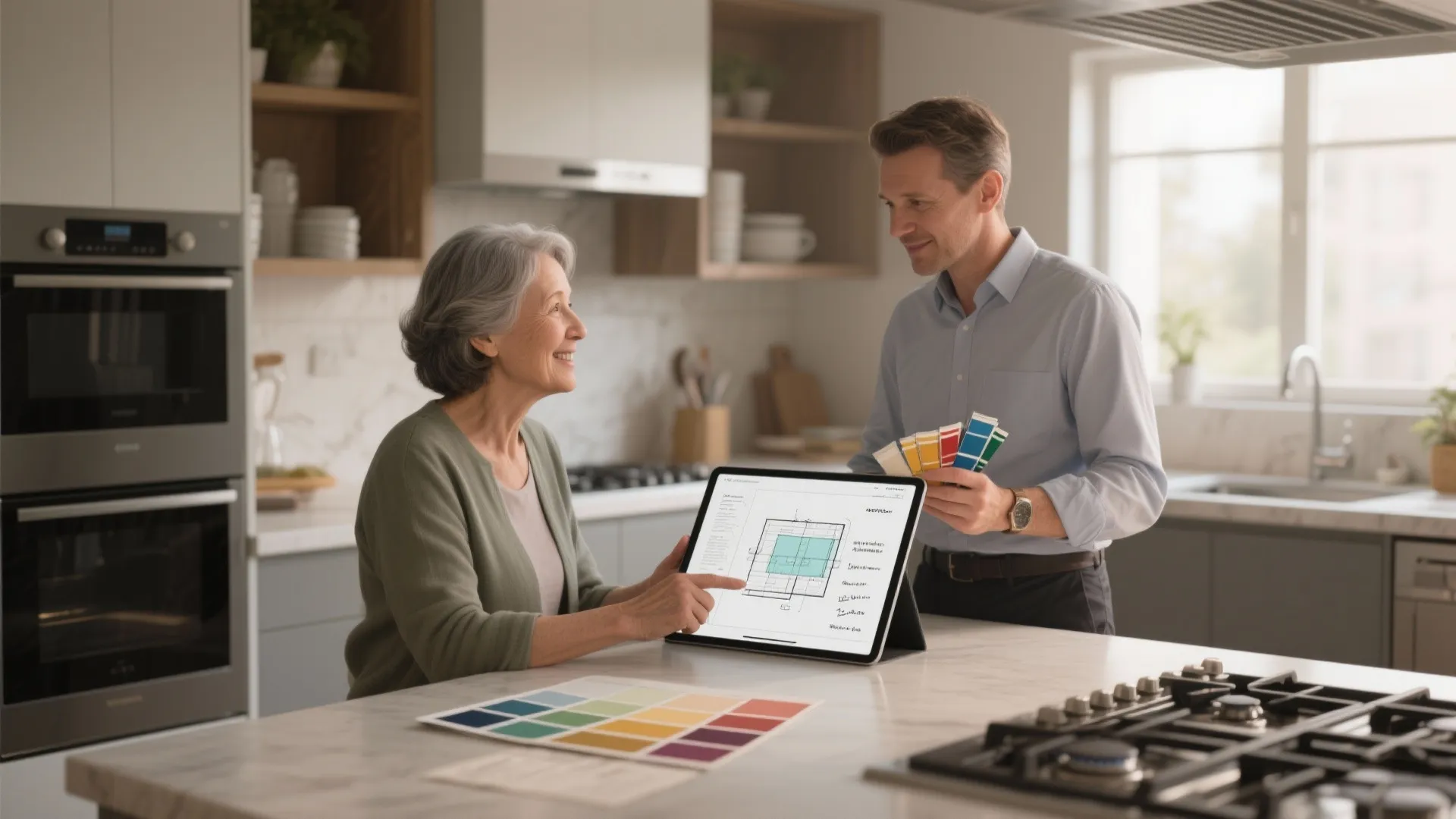 Man and woman in kitchen looking at floor plan on tablet with color swatches and palettes