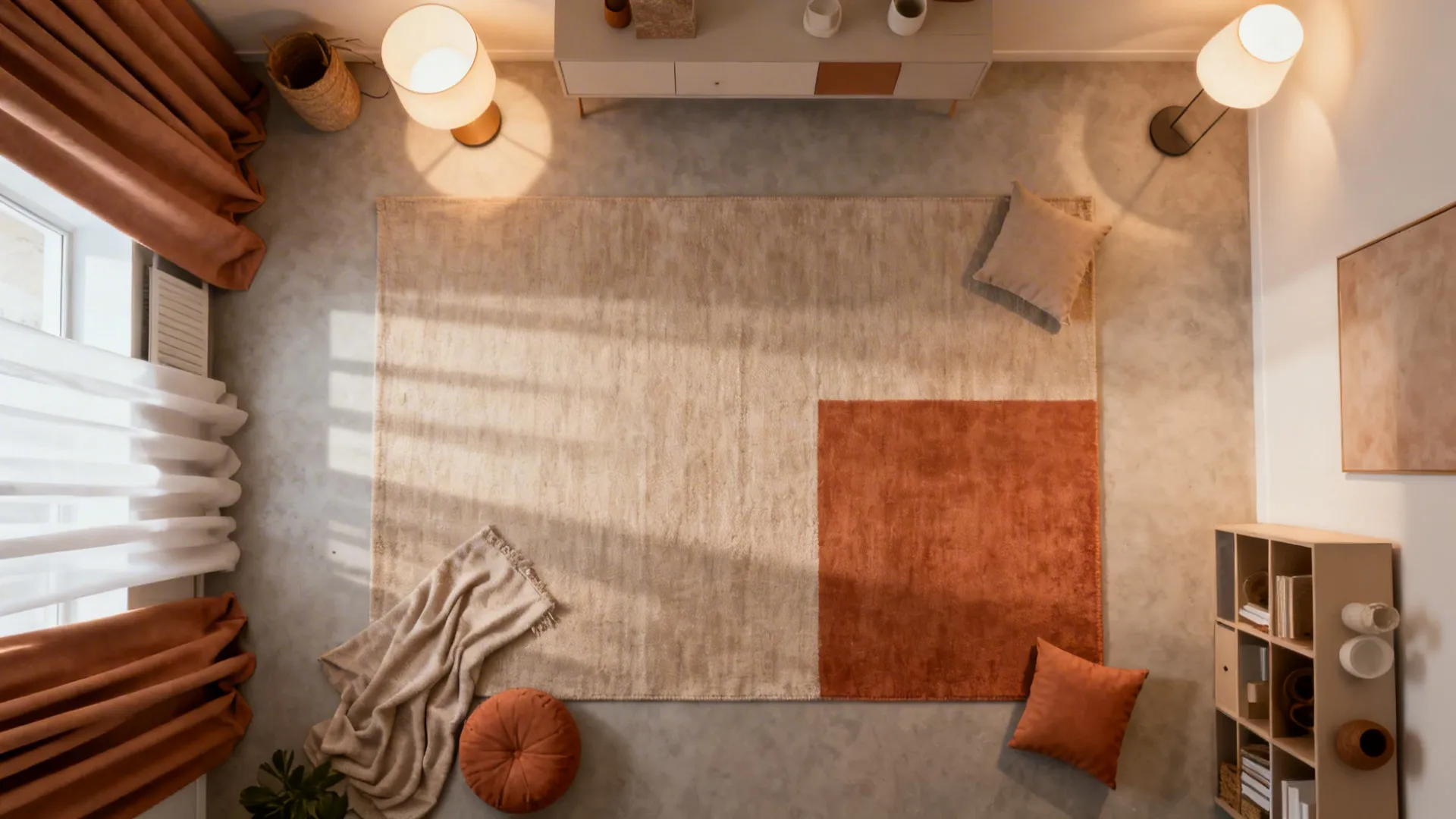 Overhead storyboard showing steps: mood anchor, layout zones, layered lighting, textiles, and storage integration.