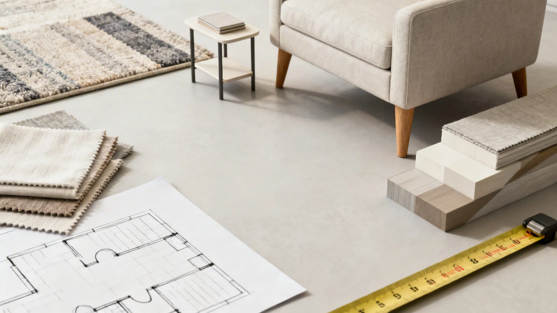 Interior design layout with armchair floor plan fabric samples wood pieces and yellow tape measure tool