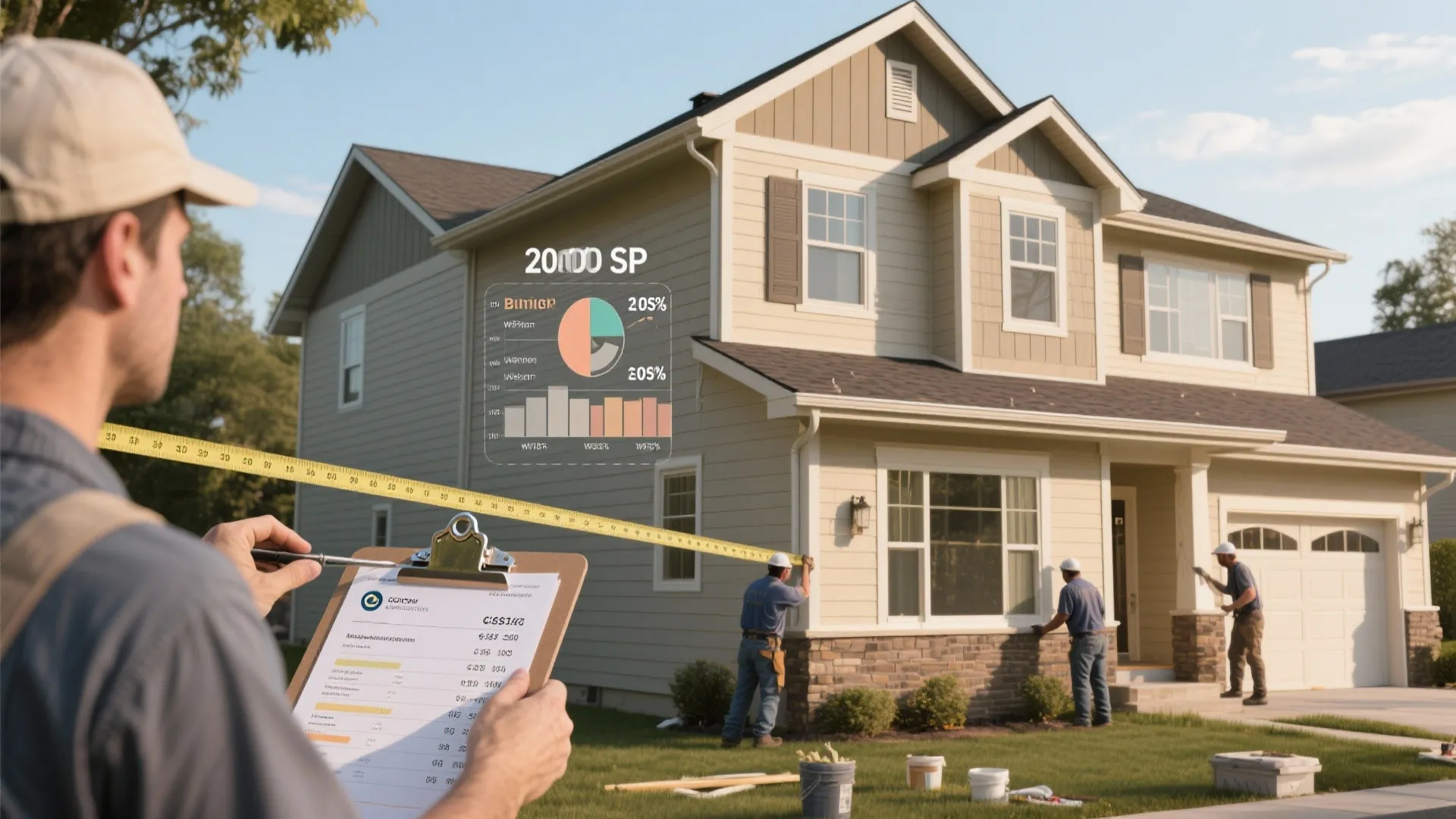 Man holding clipboard with charts overlaying a house while workers measure walls for home improvement