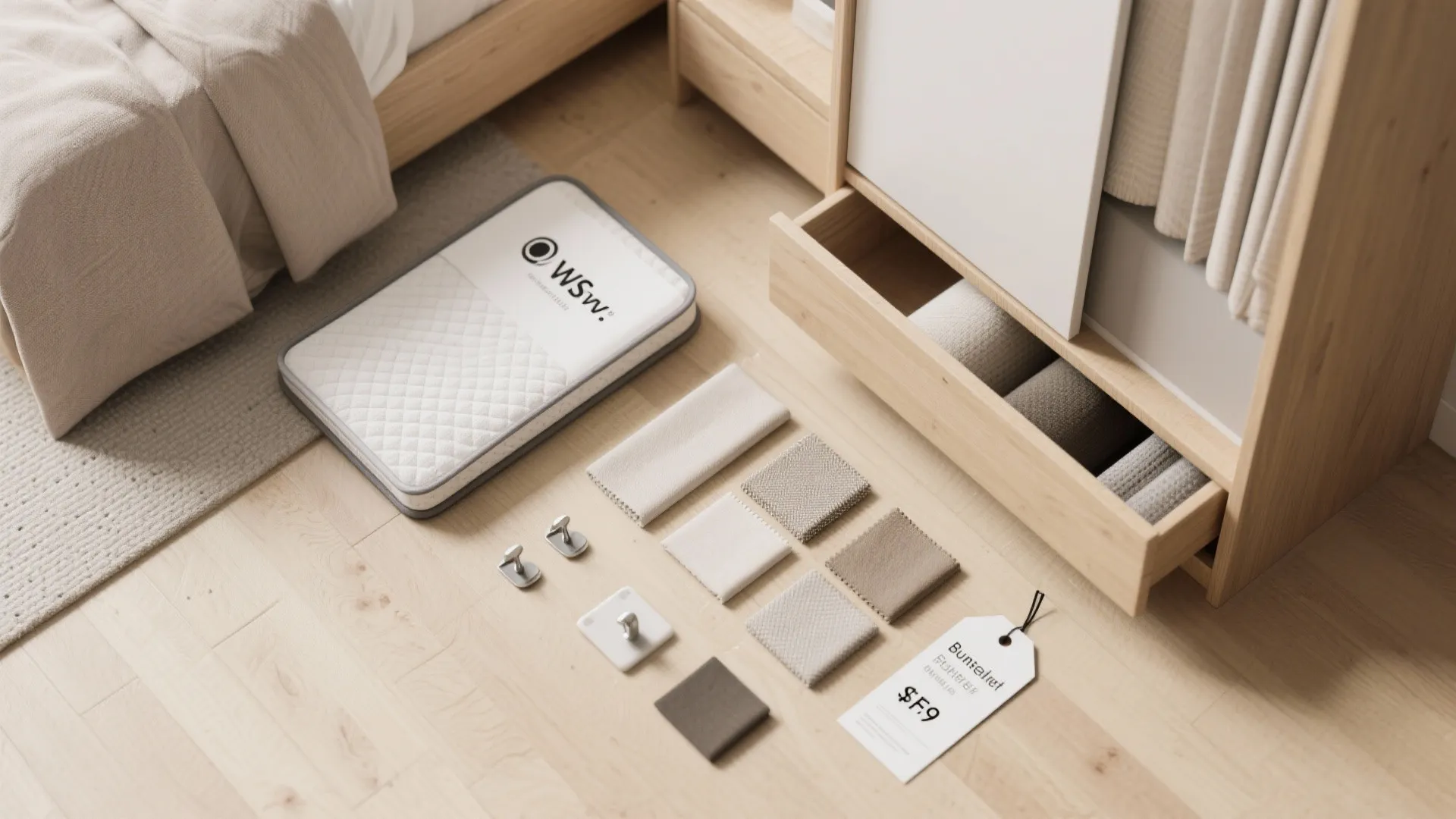 Collection of fabric swatches and small mattress on floor next to wooden cabinet with drawer