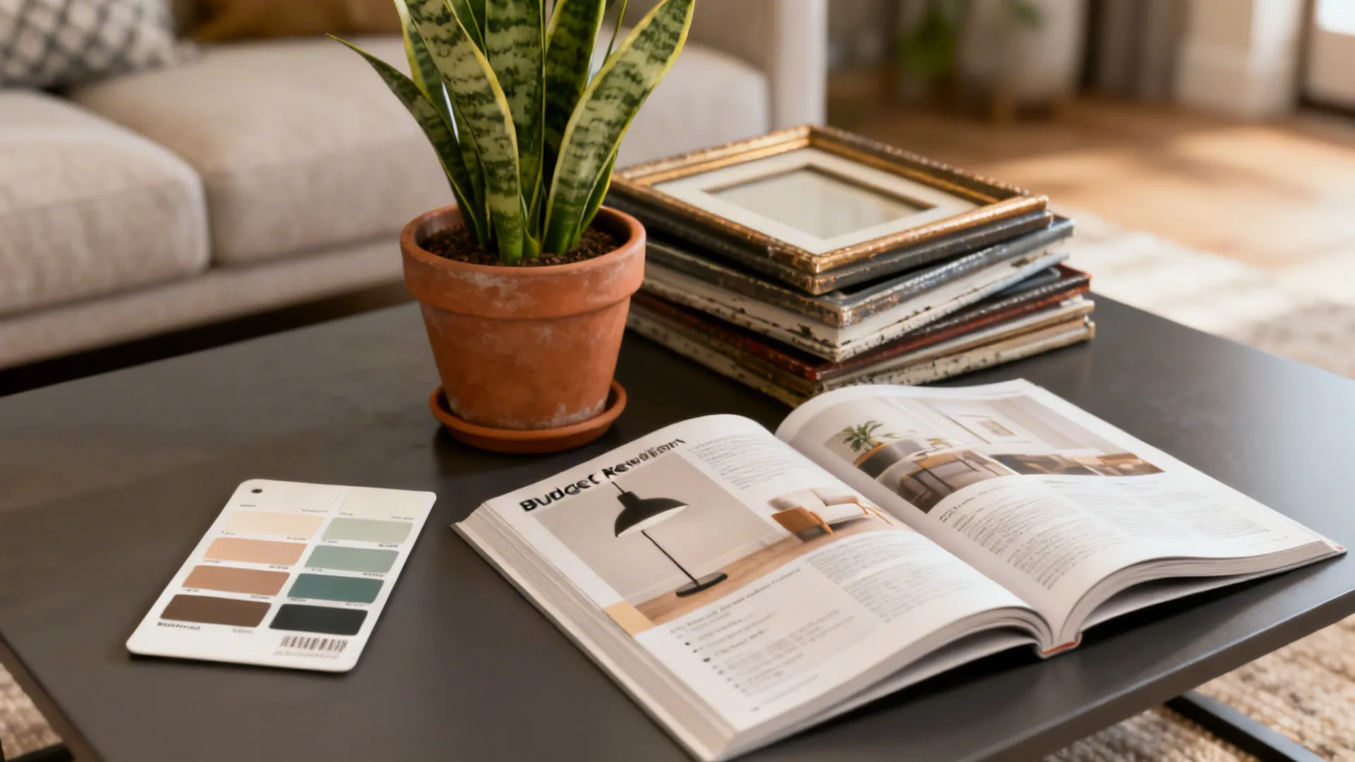Close-up of paint swatches, lamp catalog, plant and thrifted frames for budget living room refresh
