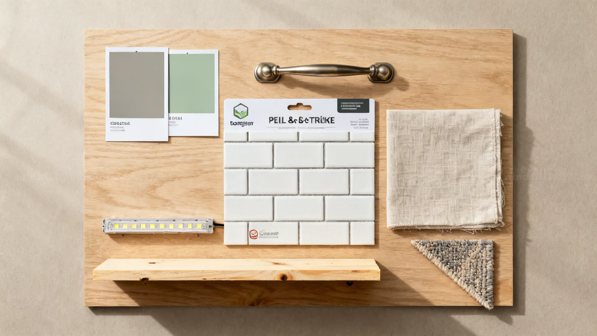 Top-down board with paint swatches, peel-and-stick tile, bar pull, LED strip, pine shelf, linen, and rug sample.