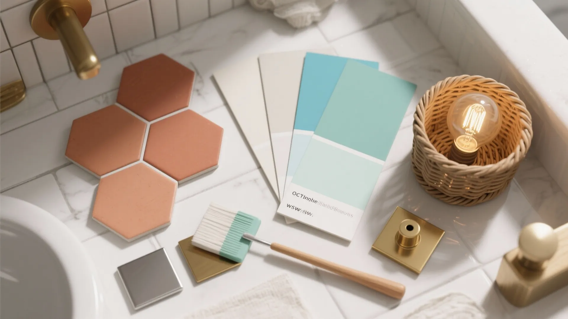 Flatlay of paint swatches, tile samples and lighting options for a bathroom refresh