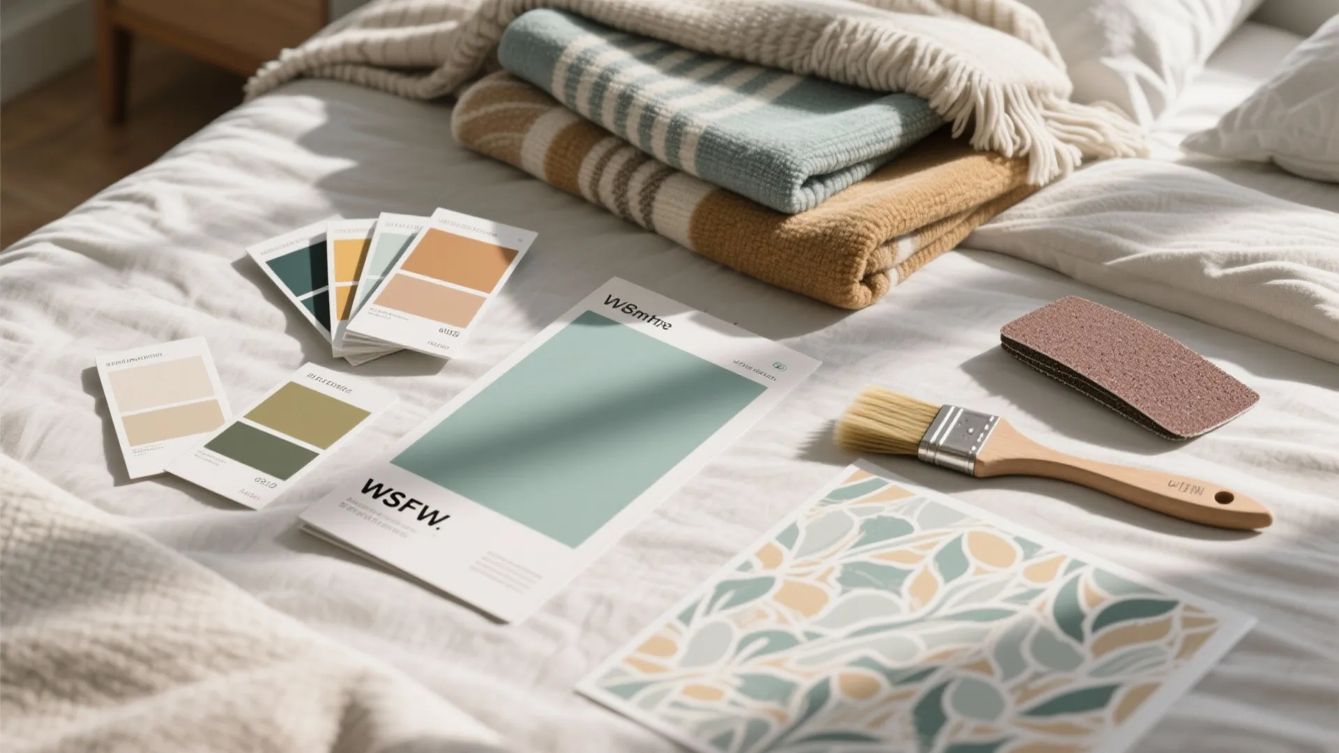 Flatlay of paint swatches, fabric samples, peel-and-stick wallpaper and budget refresh tools