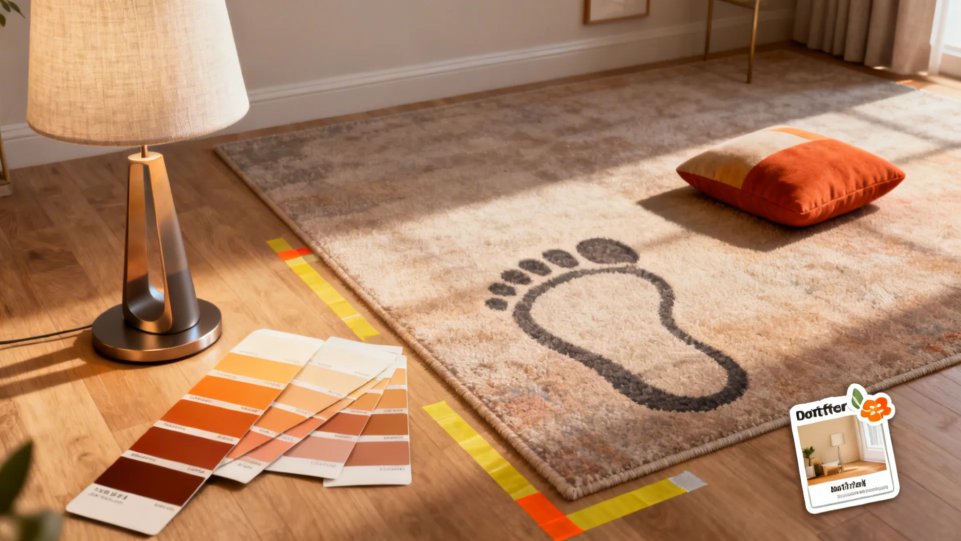 Color palette cards next to floor lamp and beige rug with footprint on wooden floor
