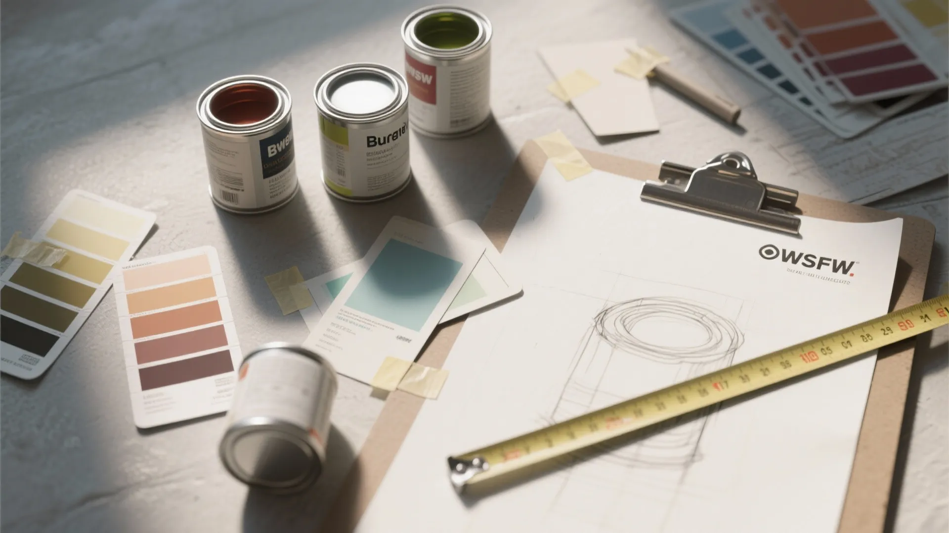 Top-down view of paint sample cards, small cans, and layout sketches for a budget-friendly refresh.