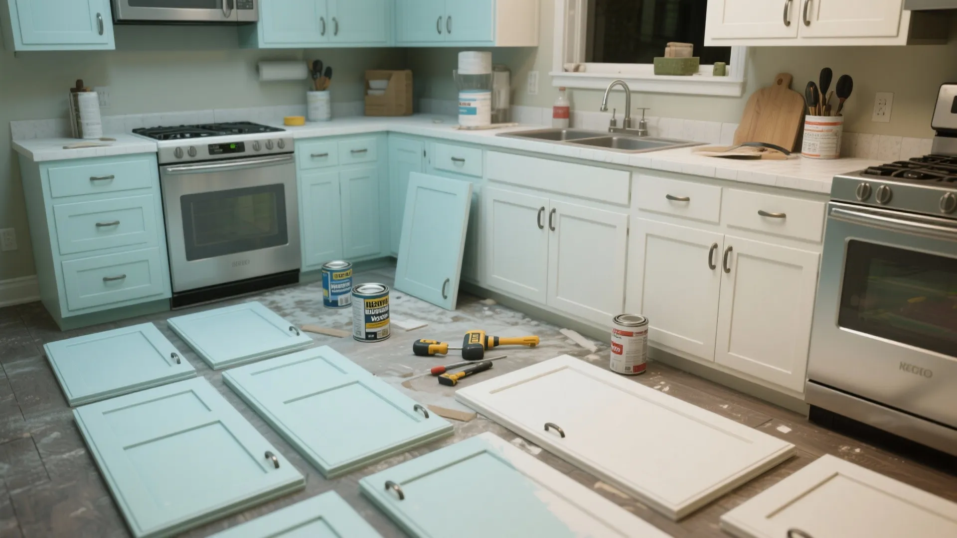 Kitchen renovation project showing mint green cabinets with paint cans and tools on the floor