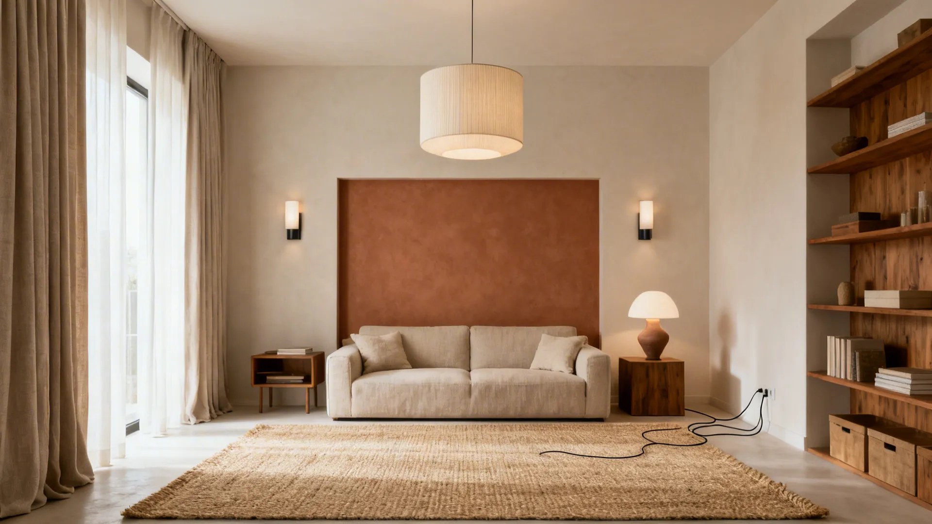Finished budget living room with a clay accent wall, layered lighting, cohesive furniture, long curtains, and organized storage.