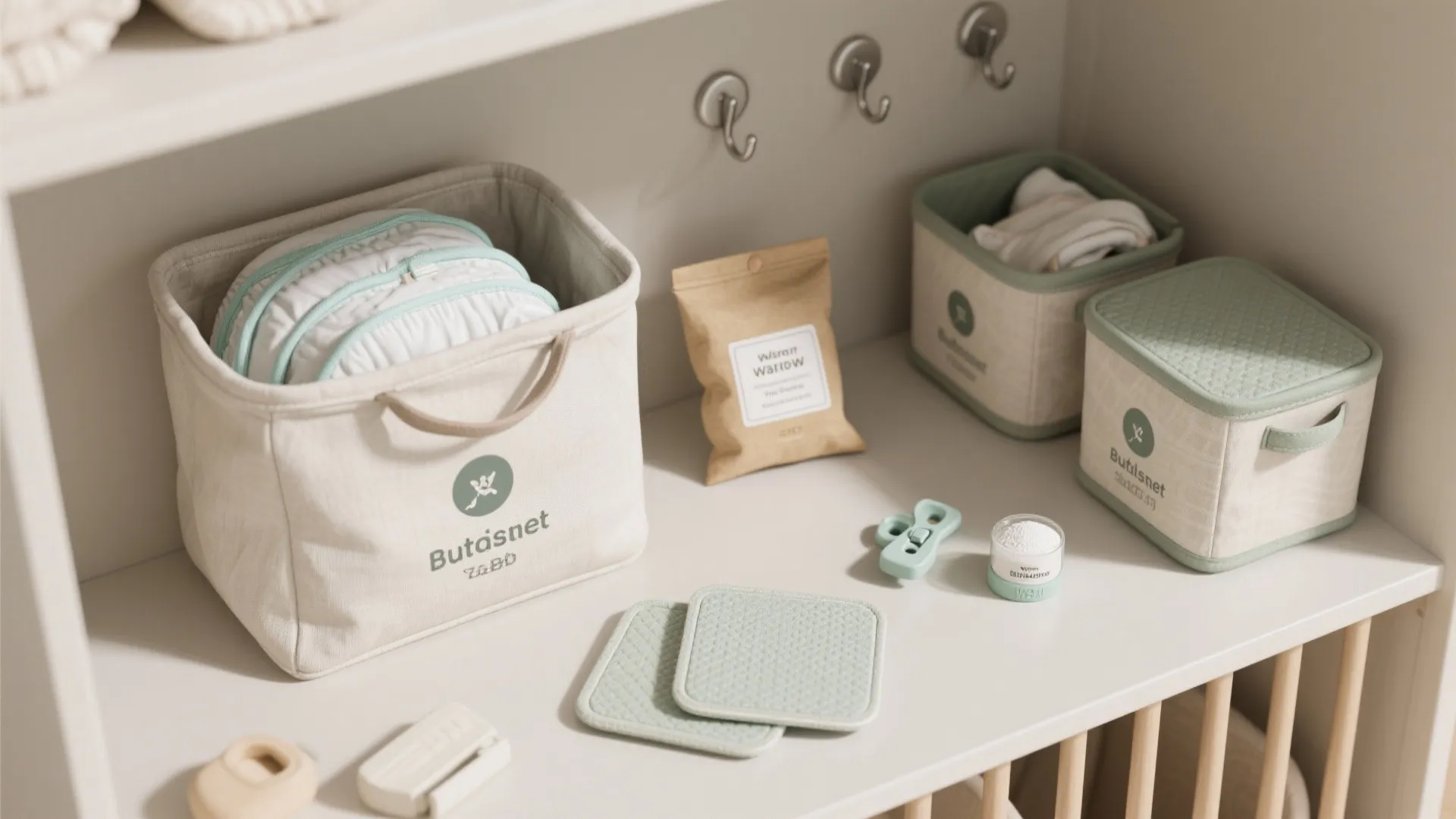 Storage bins with laundry items and cleaning accessories on a white shelf for nursery organization