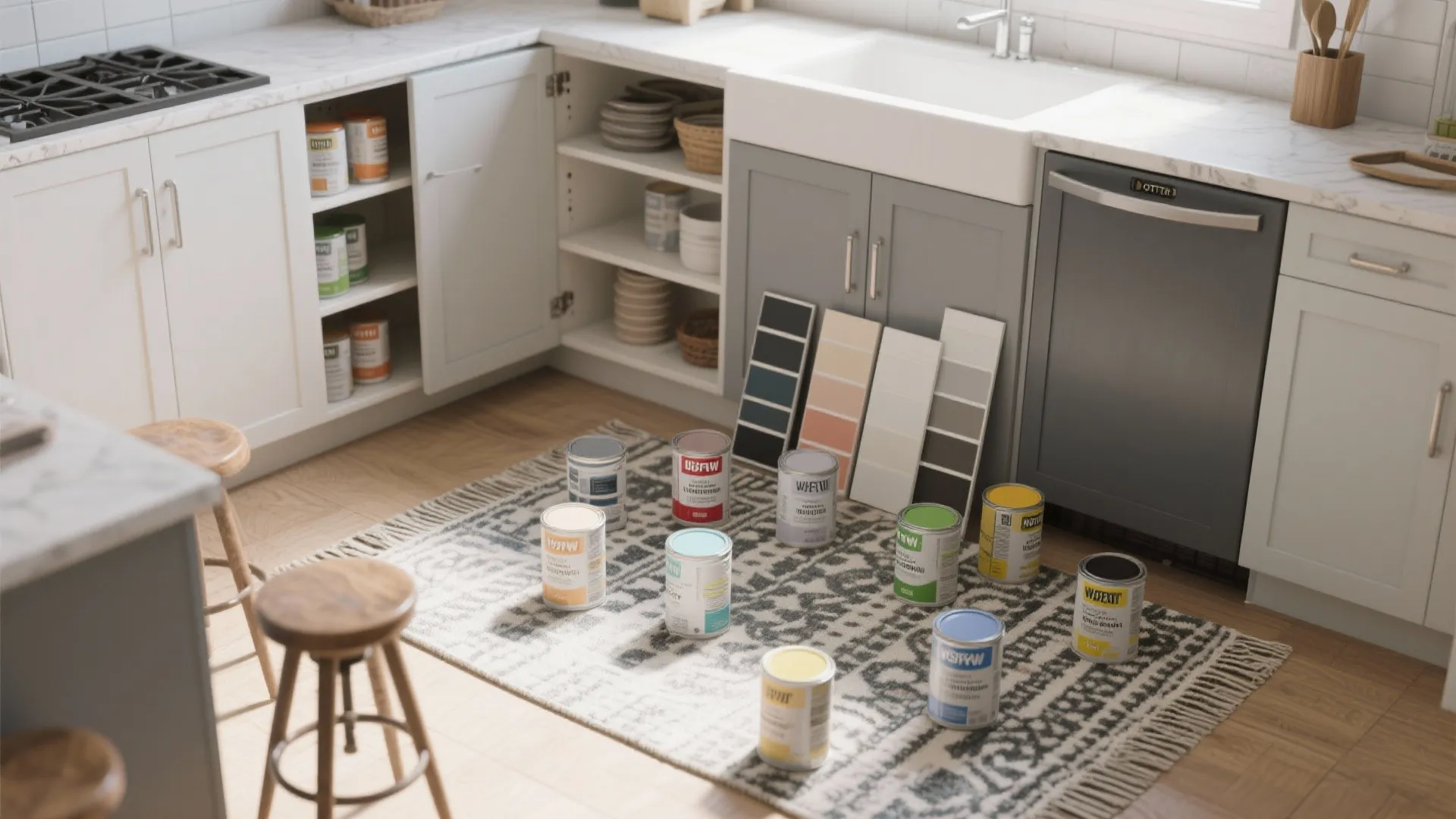 Top-down view of removable kitchen elements and paint samples used to test accent colours with grey cabinets.