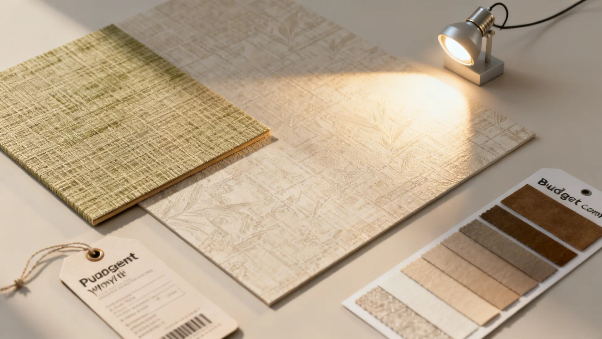 Flatlay comparing grasscloth and textured vinyl samples with swatches and lighting to illustrate budget and durability differences.