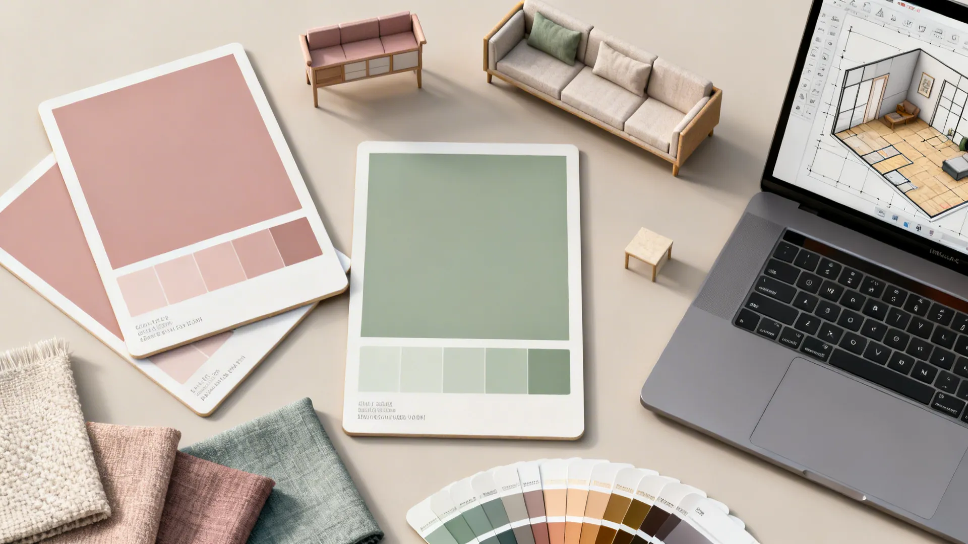 Flatlay of paint swatches, fabric samples, and a 3D planner for testing layouts.