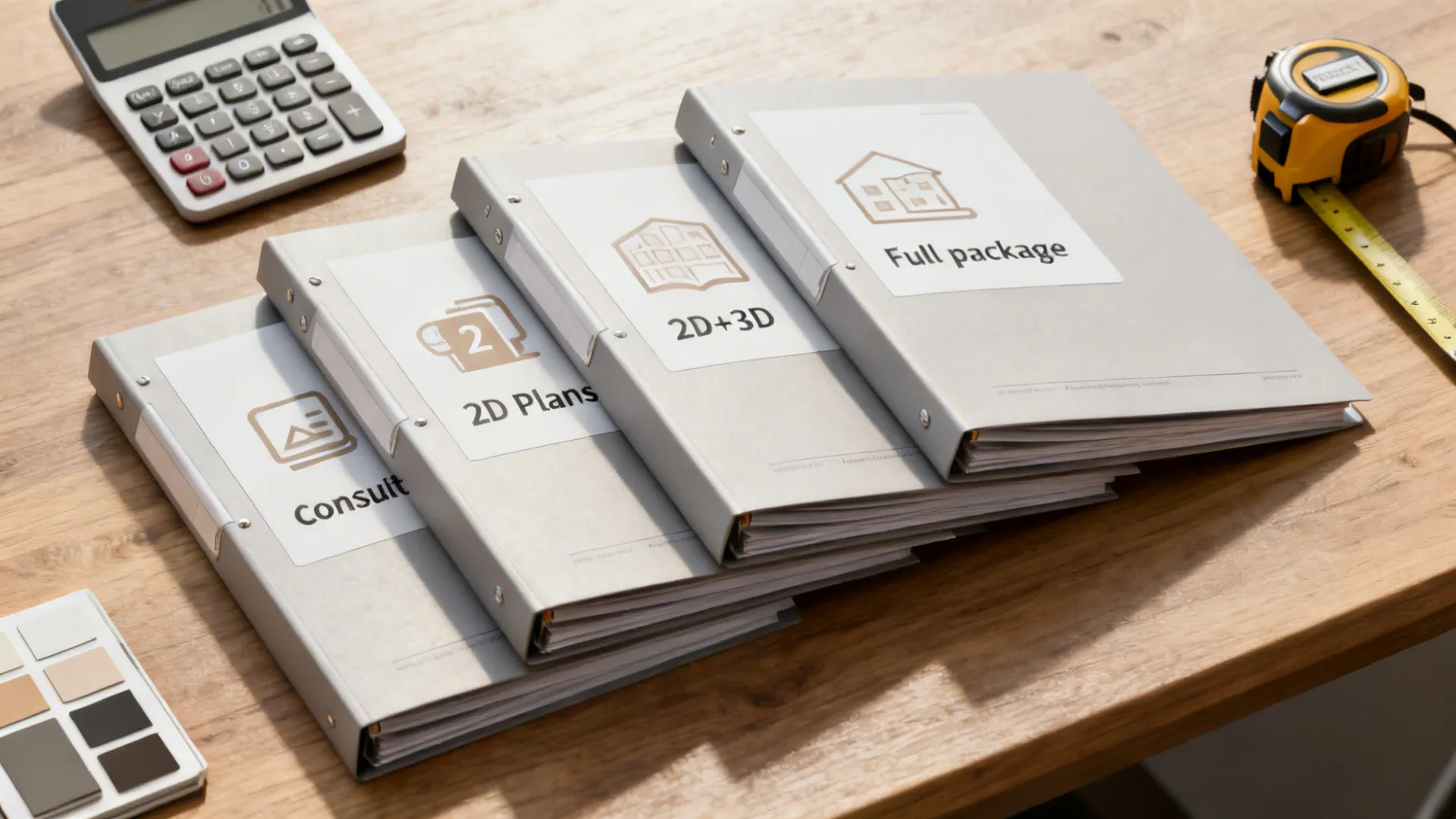 Organized top-down view with project folders, calculator, tape, and material swatches for budgeting.