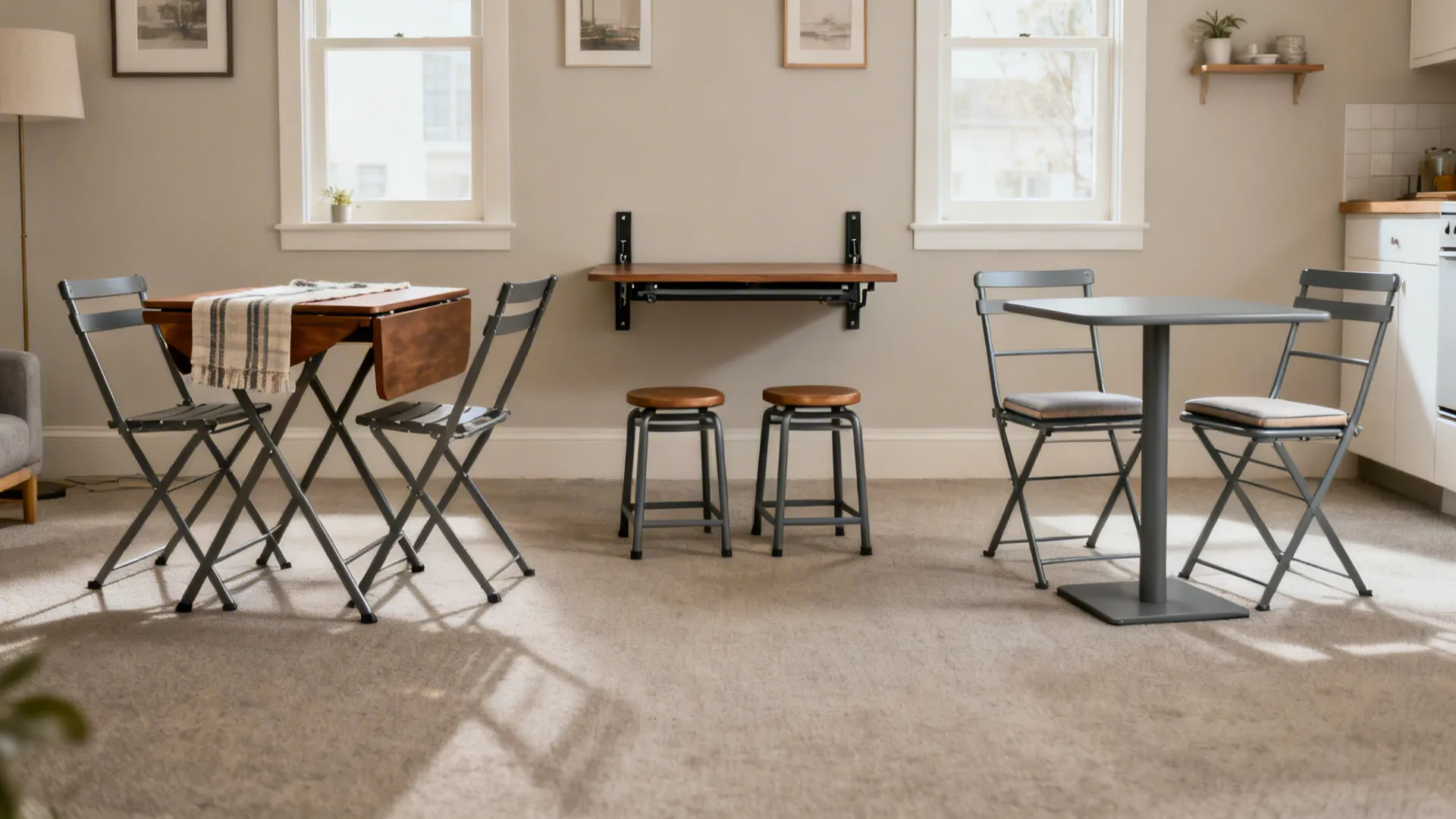 Three budget-friendly folding dining setups displayed in a cohesive small-apartment scene.