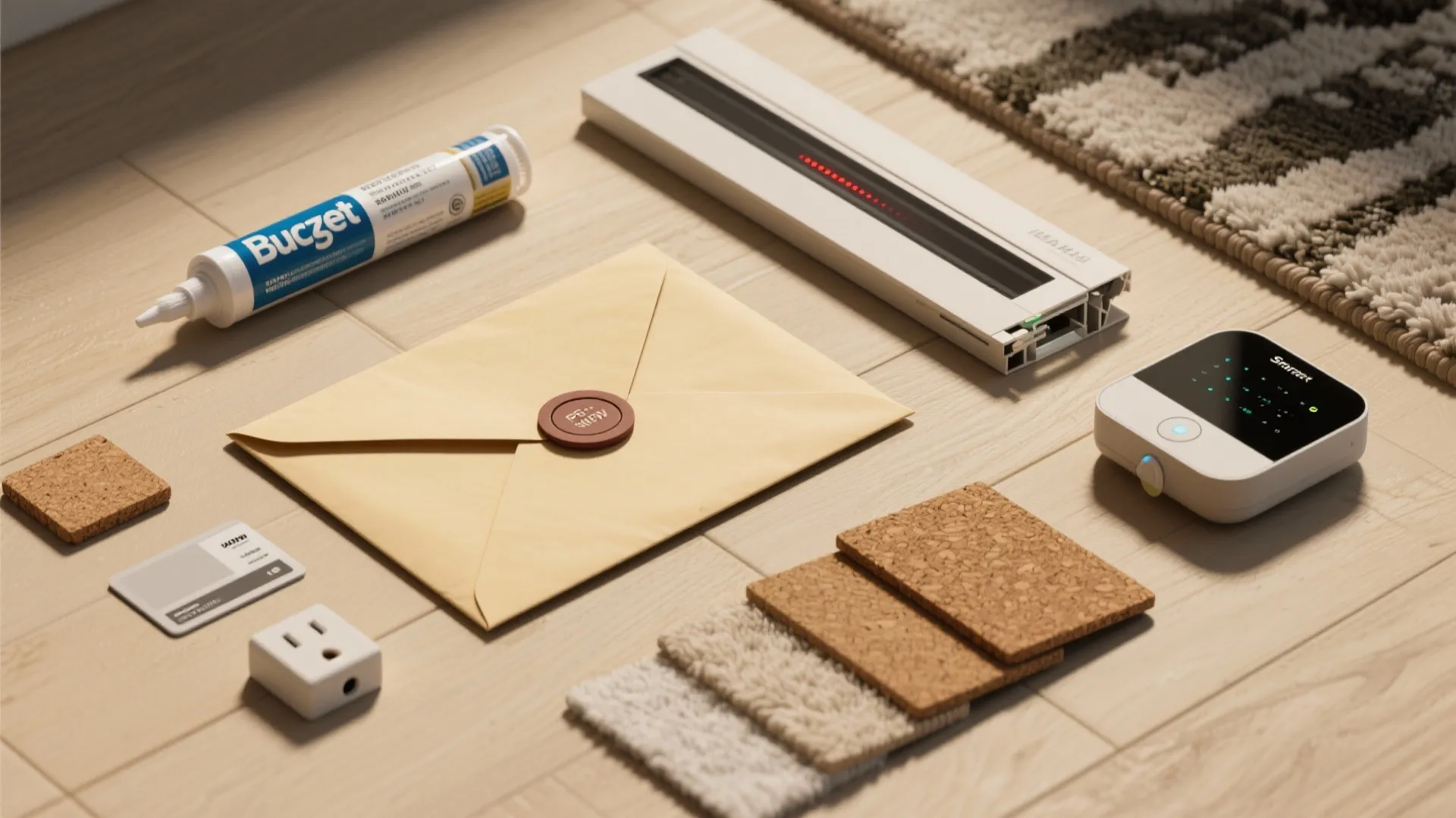 Flat lay of weather-strips, slim heater options, smart thermostat, wool rug, and cork samples.