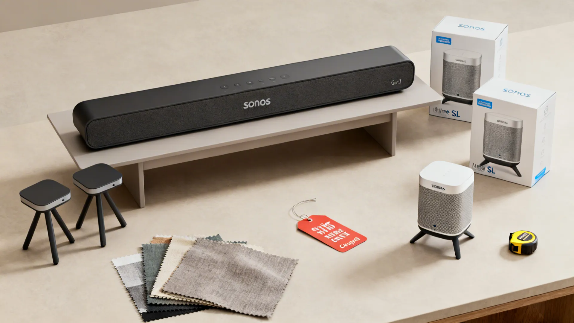 Flatlay of Sonos Beam with stands and boxed One SLs suggesting affordable upgrade path.