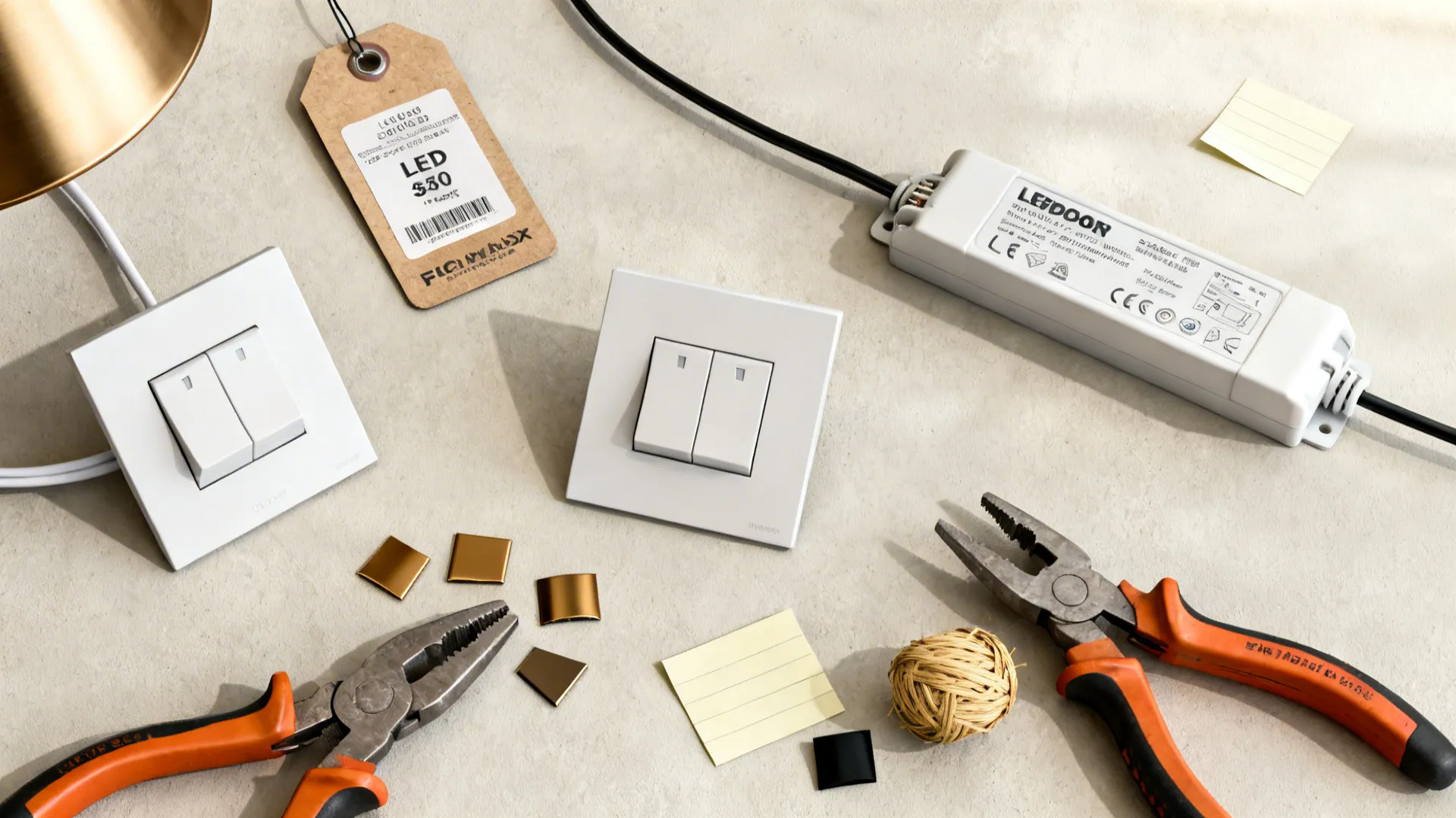Two white light switches with orange pliers and power box on a grey stone surface