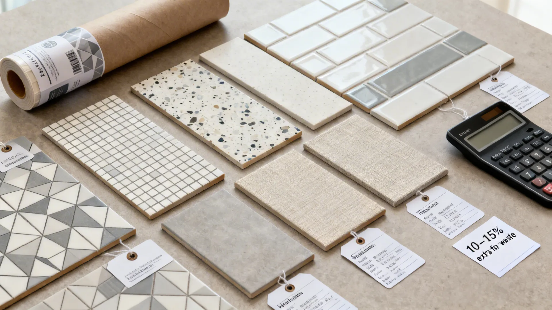 Top‑down flat lay of sticker samples and spec cards comparing cost and quality.