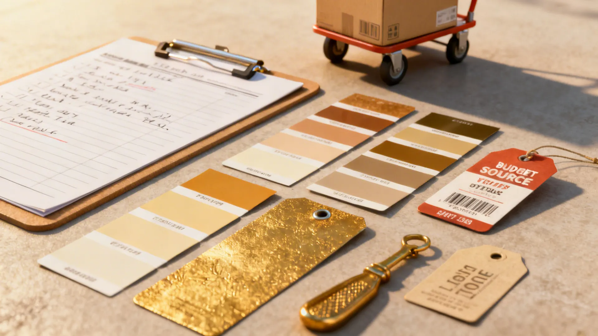 Flatlay of thrift finds, fabric swatches, price tags and a clipboard used to source budget-friendly furniture.