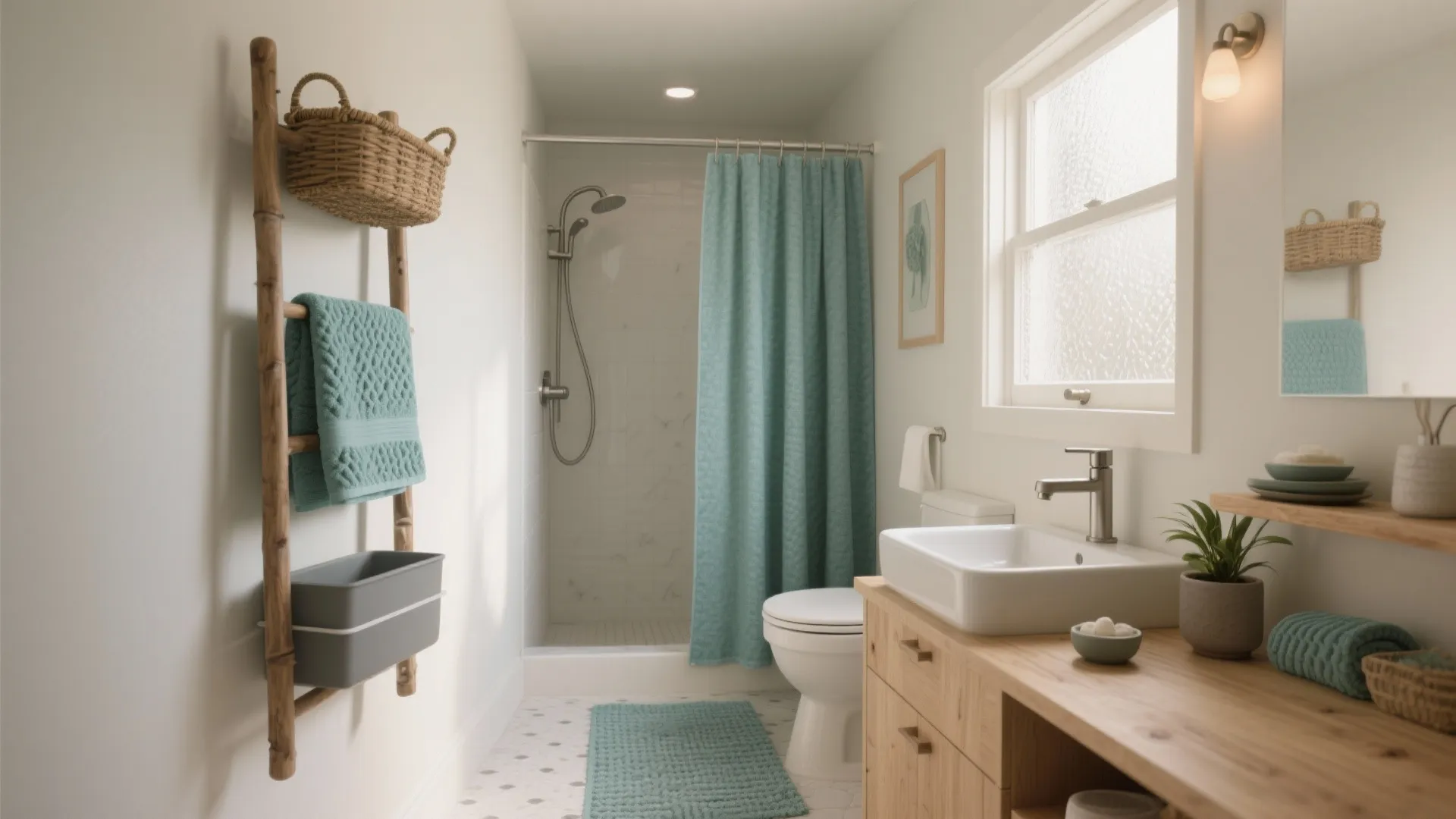 Modern bathroom with wood cabinet white sink blue curtain and bamboo ladder for hanging towels