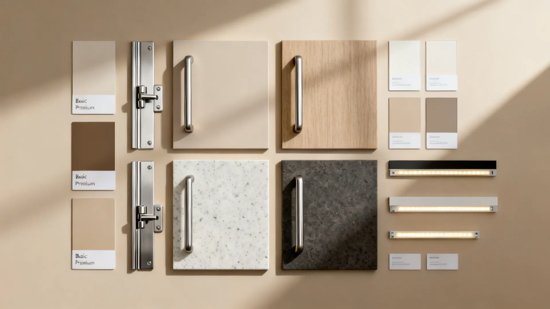 Flat lay of kitchen finish samples and hardware to plan cost tiers.