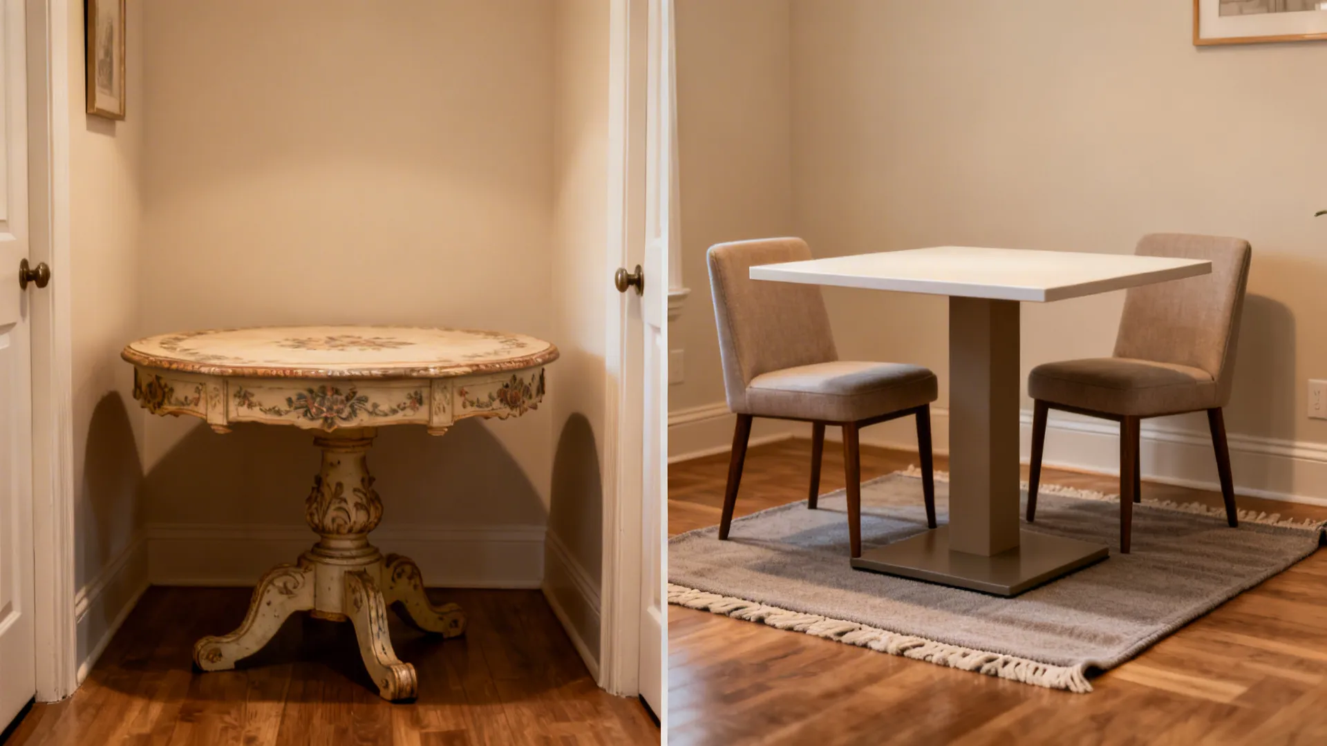 Side-by-side small dining setups contrasting wobbly decor focus with stable, simple design.