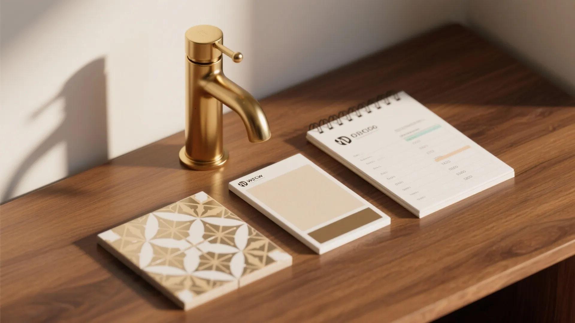 Flatlay of brass tapware sample, tile swatch and neutral palette representing a single splurge on budget.