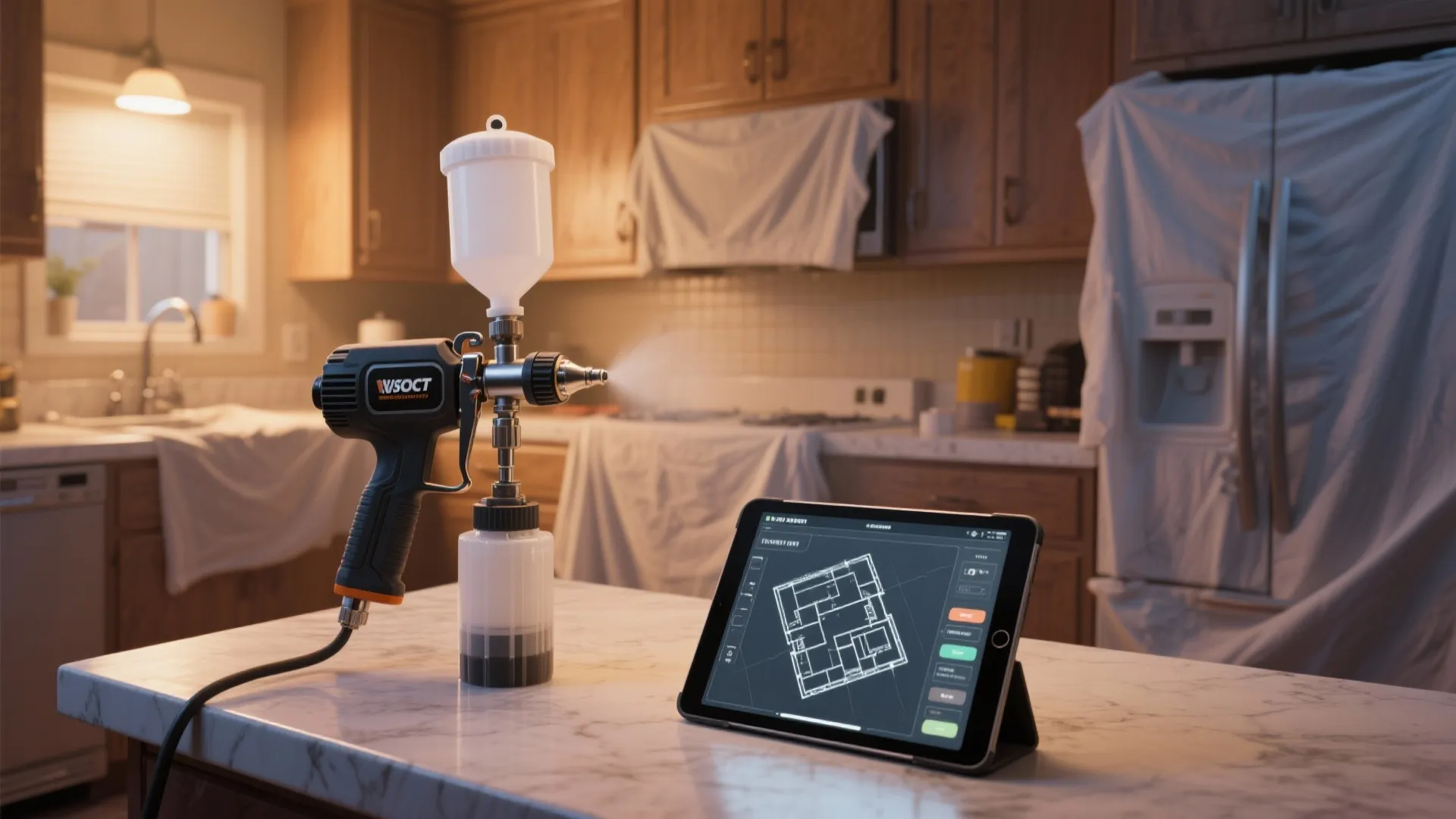 Handheld paint sprayer on kitchen counter next to tablet displaying a detailed 2D floor plan