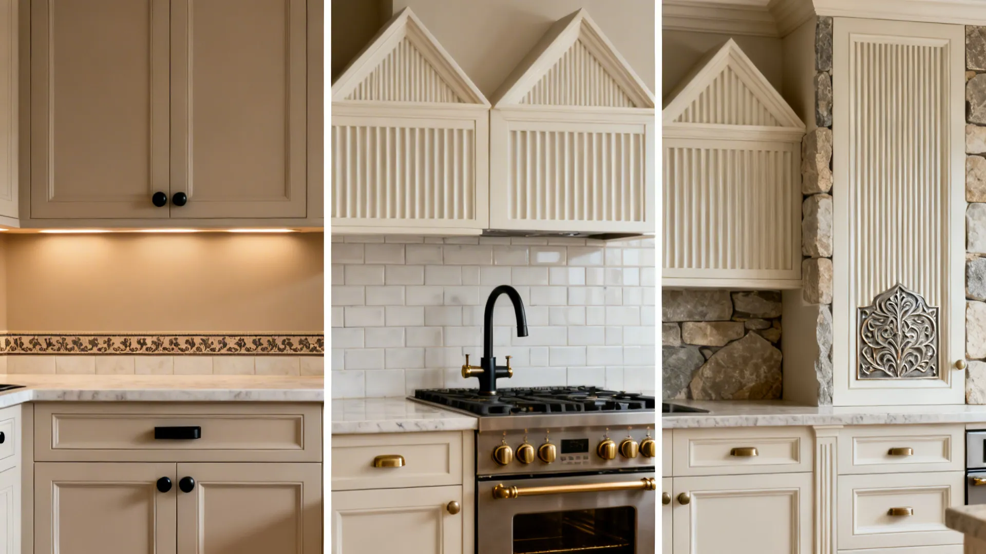 Modern kitchen with beige cabinets, black faucet, stone wall details, and white tile backsplash design