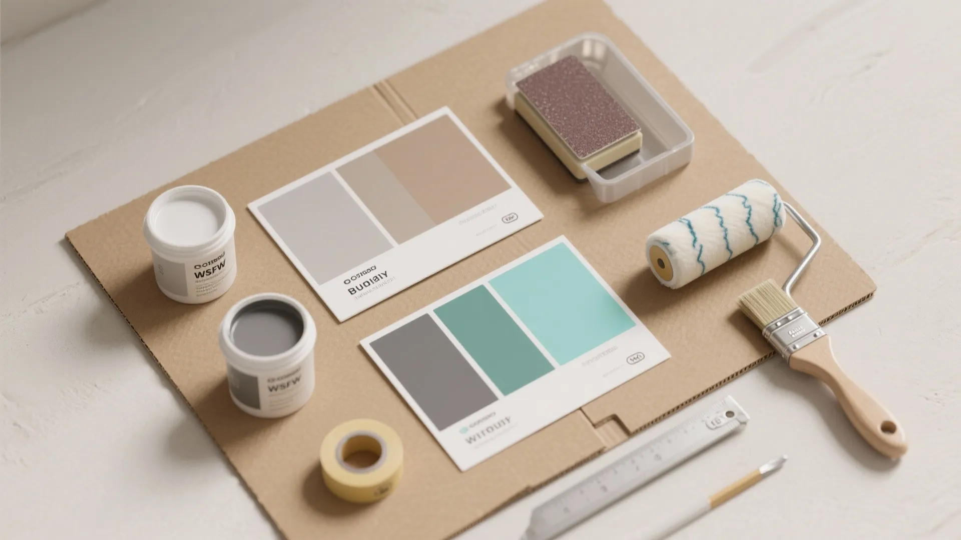 Home painting tools including paint rollers brushes color samples and small paint cans on cardboard surface