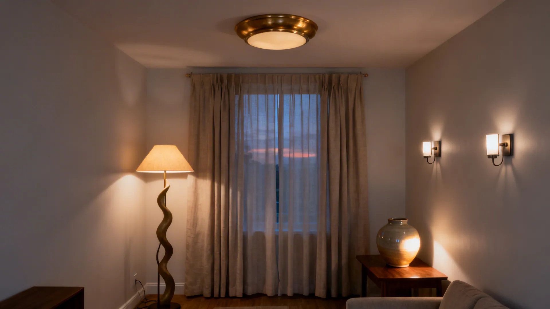 Small neutral living room with brass semi-flush fixture, sculptural floor lamp, and plug-in sconces.