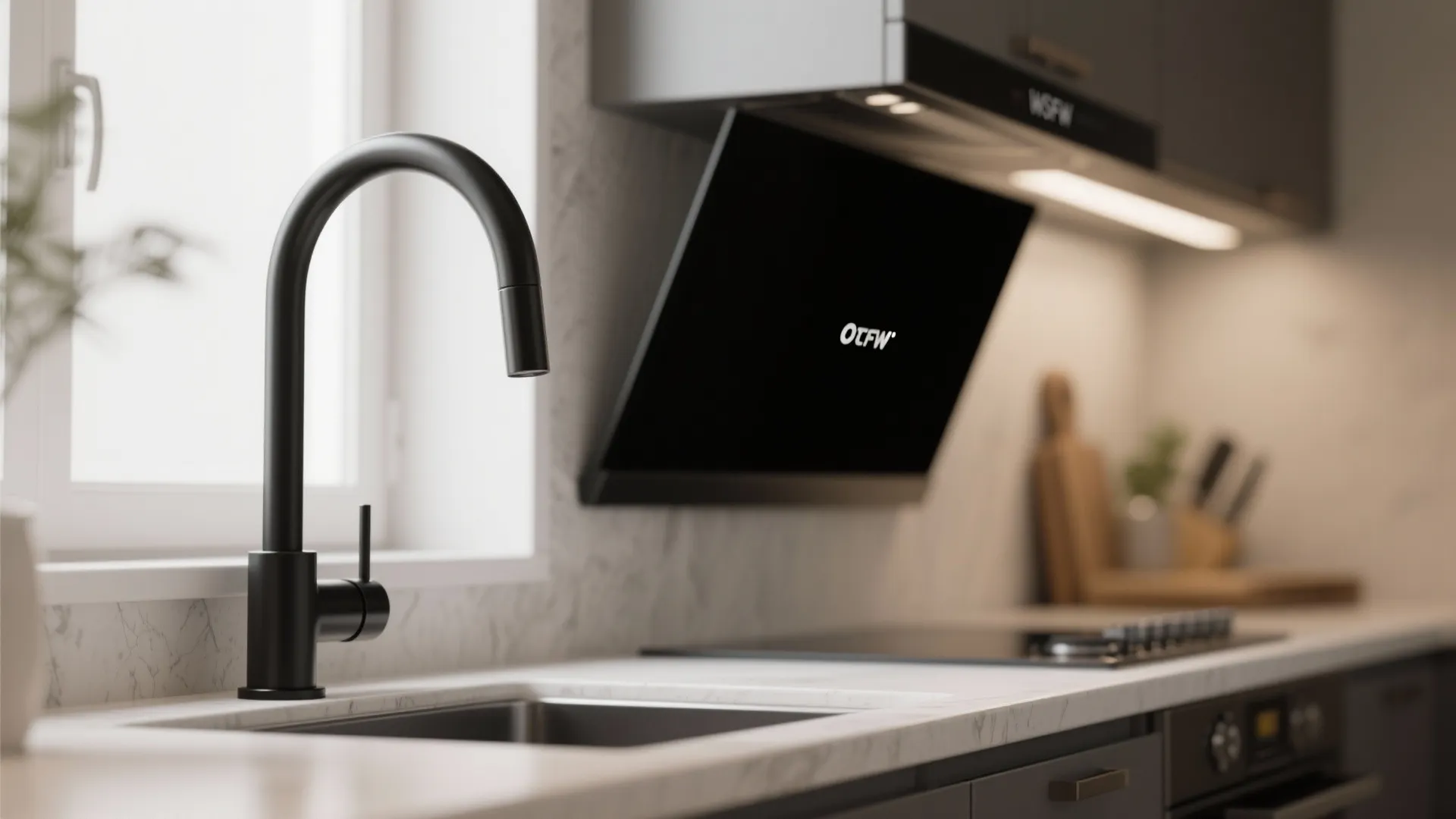 Modern kitchen sink area with black faucet and black range hood over a marble countertop