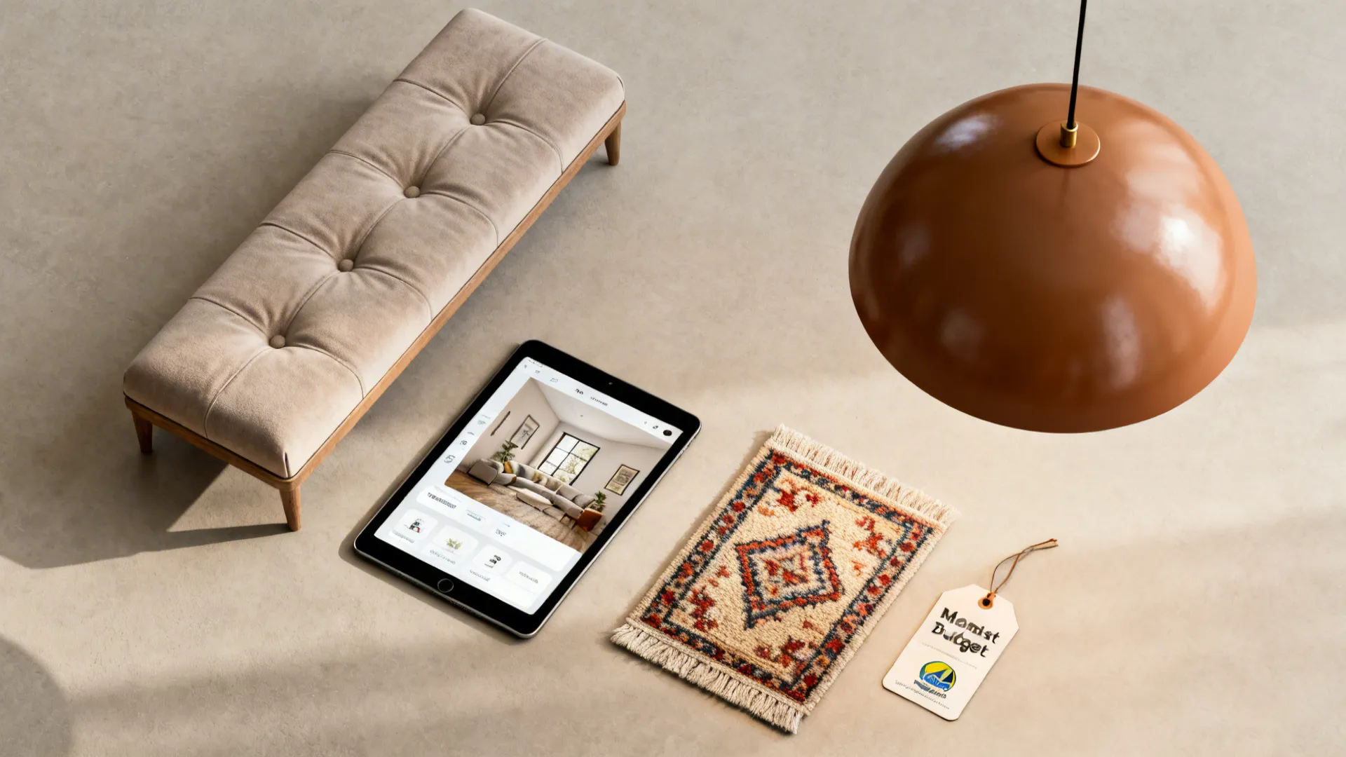 Beige tufted bench next to tablet with room design and small rug under ceiling light