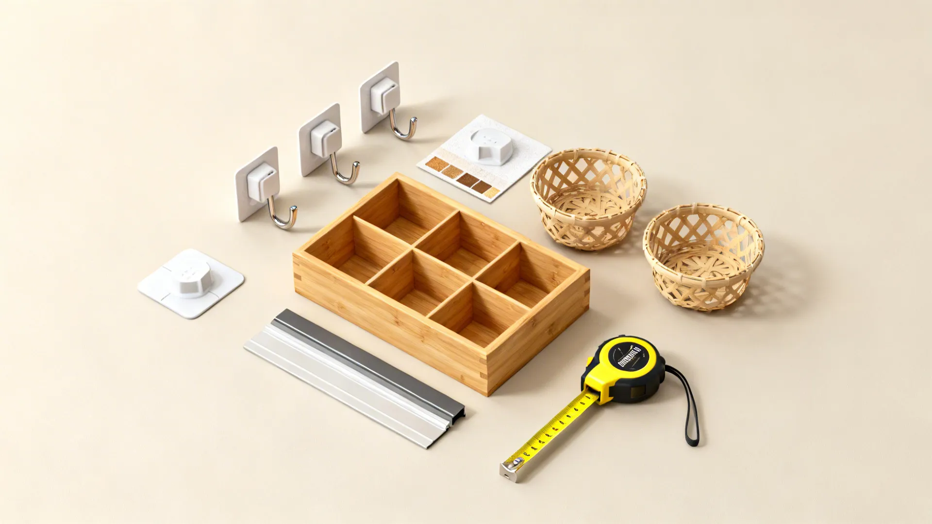 Organized wooden storage box, small woven baskets, wall hooks, and measuring tape on beige surface