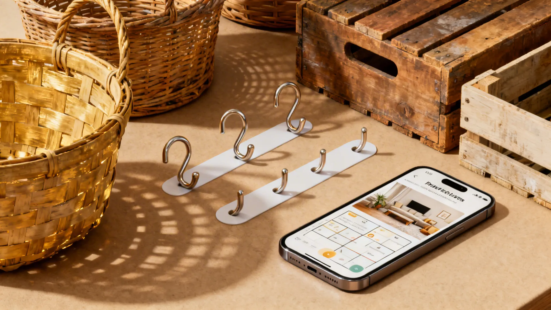 Woven baskets wooden crates and wall hooks displayed with a smartphone showing room design layout